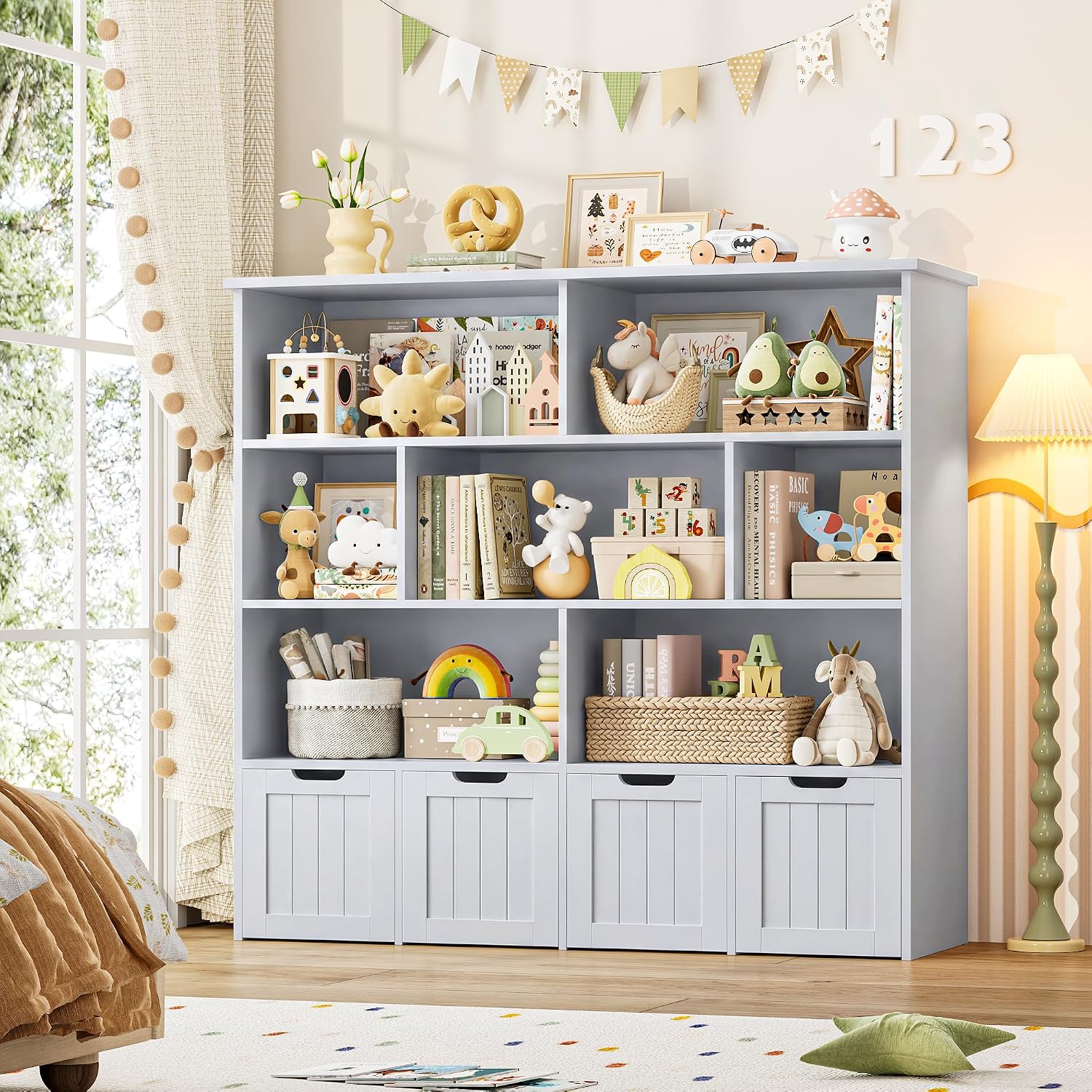 FINETONES Toy Storage Organizer, Kids Bookshelf with 4 Movable Chests and 7 Storage Cubes, Toy Chest Storage Shelf Organizer with Hidden Wheels, Toy Organizers and Toy Storage, Grey