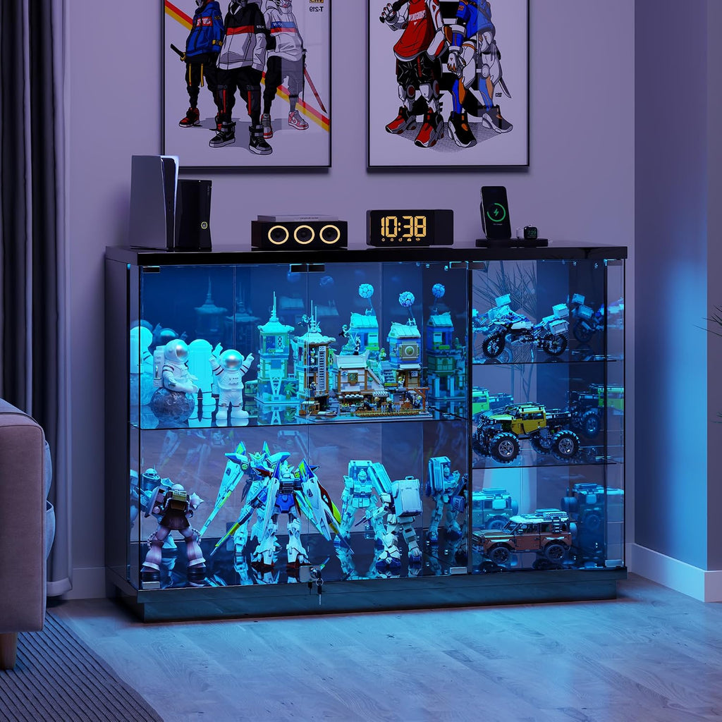 HNEBC Display Curio Cabinet - with Glass Door,47.2' W Lockable Glass Display Cabinet with LED Lights for Collectibles,5-Tier Lighted Display Case with Motion Sensor,Living Room,Black
