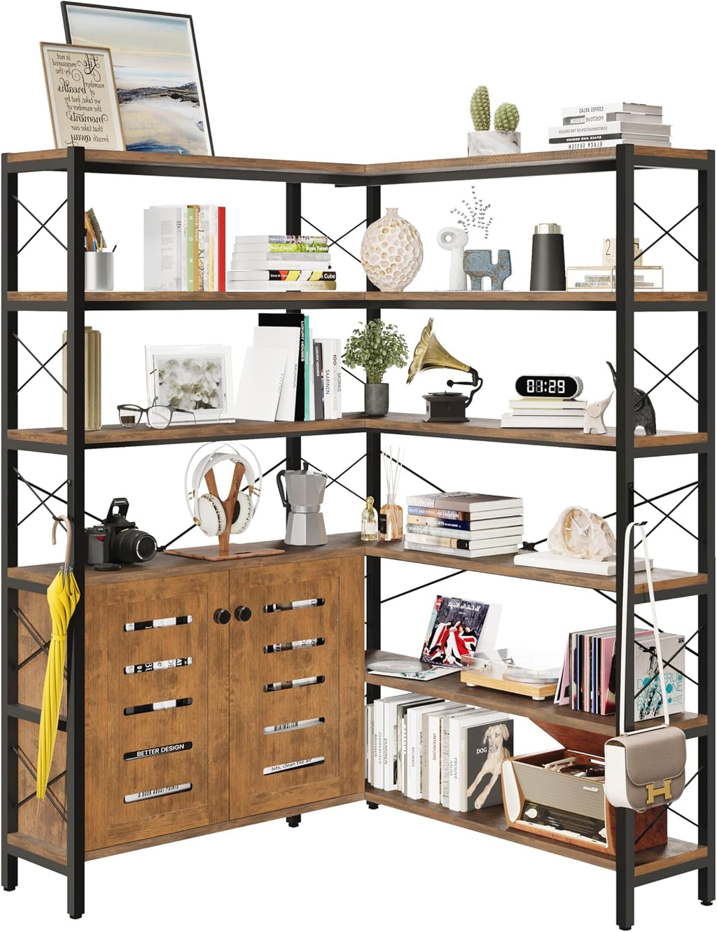Wildhome 6-Shelf Corner Bookshelf, Vintage Industrial Corner Shelf Etagere Bookcase, Large Book Shelf with Metal Frame Open Storage Corner Cabinet (Brown-Lockers, Large)