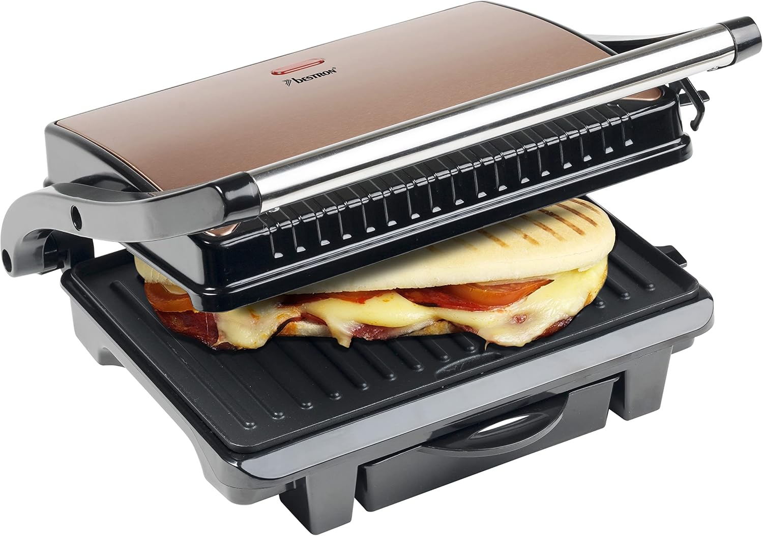 Bestron Electric Sandwich Maker, Panini Non-Stick Contact Grill, with Drip Tray, 1000W, Colour: Copper