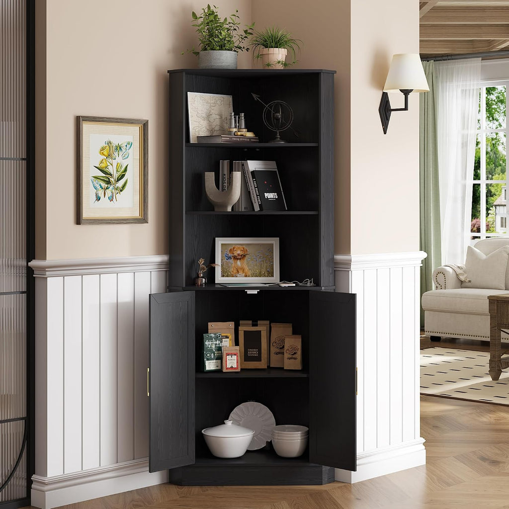 TAGELIER Farmhouse Corner Cabinet with LED Light, 67' Tall Bathroom Cabinet with 2 Doors and 3 Tier Shelves, Free Standing Corner Storage Cabinet for Living Room or Kitchen, Black