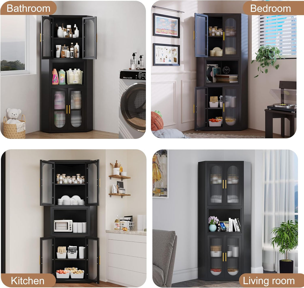 GAIOUS 63.6' Tall Corner Cabinet, Metal Pantry Storage Cabinet with 4 Acrylic Glass Doors & 1 Open Bar Shelf, Farmhouse Corner Cupboard for Kitchen Bathroom Living Room Bedroom Hallways (Black)