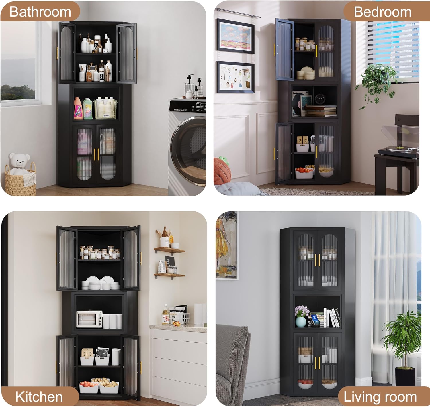 GAIOUS 63.6' Tall Corner Cabinet, Metal Pantry Storage Cabinet with 4 Acrylic Glass Doors & 1 Open Bar Shelf, Farmhouse Corner Cupboard for Kitchen Bathroom Living Room Bedroom Hallways (Black)