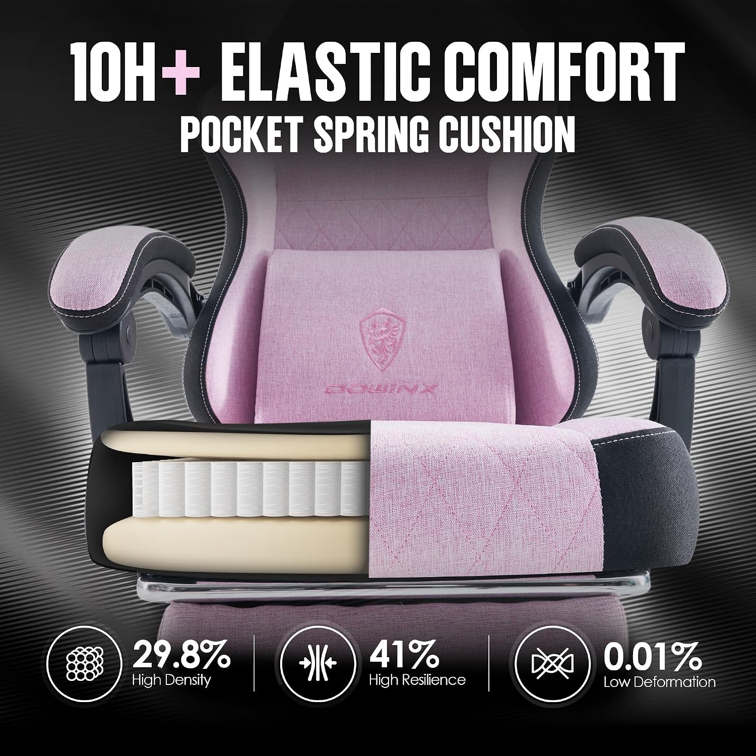 Dowinx Gaming Chair Fabric with Pocket Spring Cushion, High Back Ergonomic Computer Chair with Footrest for Adults, Massage Lumbar Support Swivel Game Chair for Office Gaming 300LBS, Pink