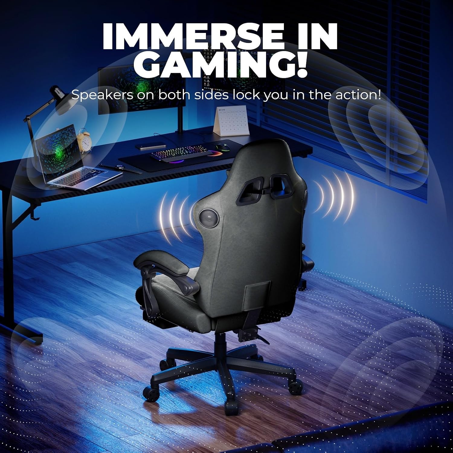 GTPLAYER ACE-PRO Music Gaming Chairs – Built-in Speakers, App Support & Bluetooth Control, Computer Game Chairs with Footrest for Adults, Ergonomic Reclining Silla, Linkage Armrest, Grey