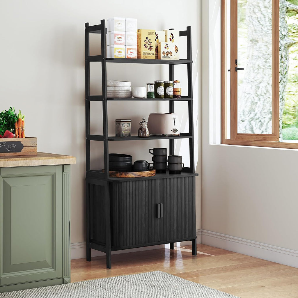 4-Tier Bookshelf, Tall Bookcase with Open Shelf and Sliding Door, 67' Freestanding Storage Organizer Display Cabinet for Living Room, Home Office (Black)