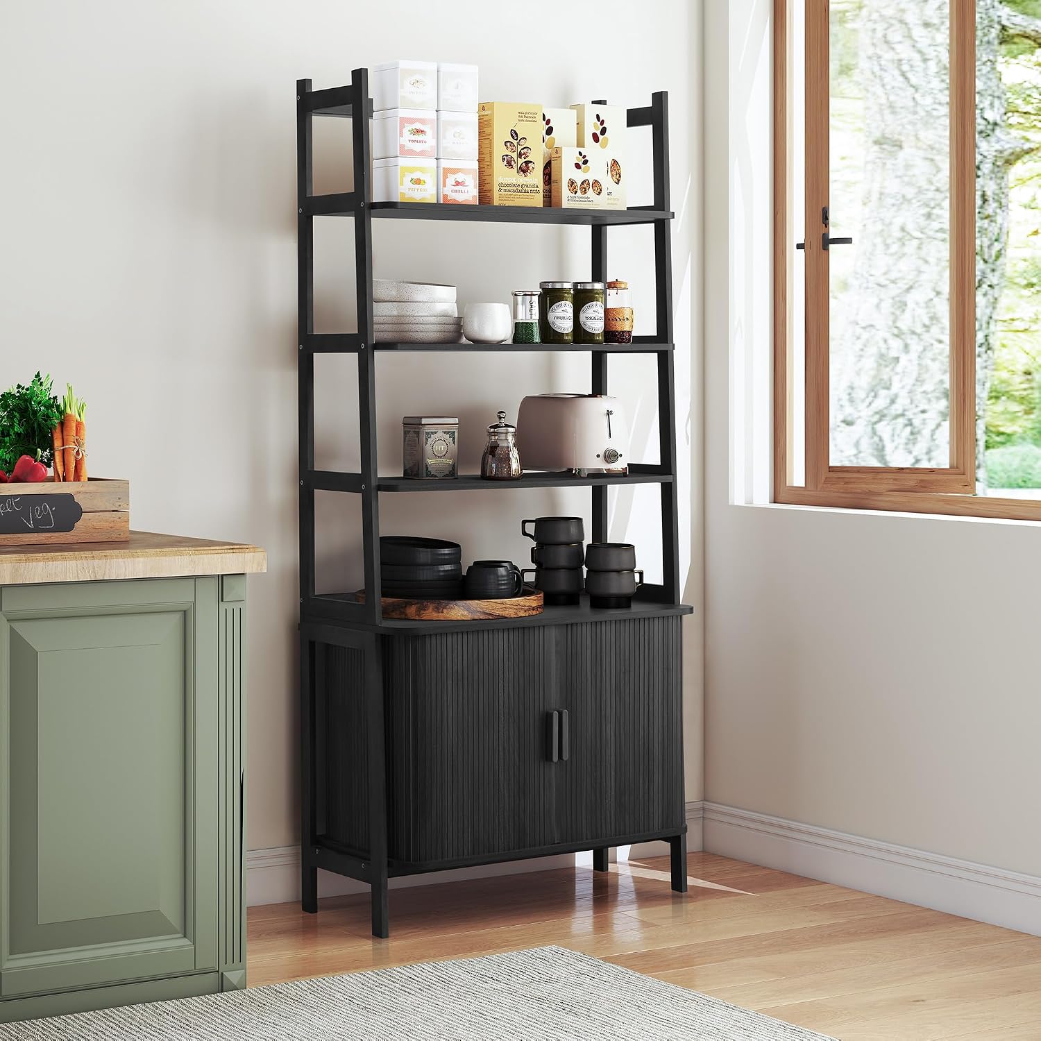 4-Tier Bookshelf, Tall Bookcase with Open Shelf and Sliding Door, 67' Freestanding Storage Organizer Display Cabinet for Living Room, Home Office (Black)