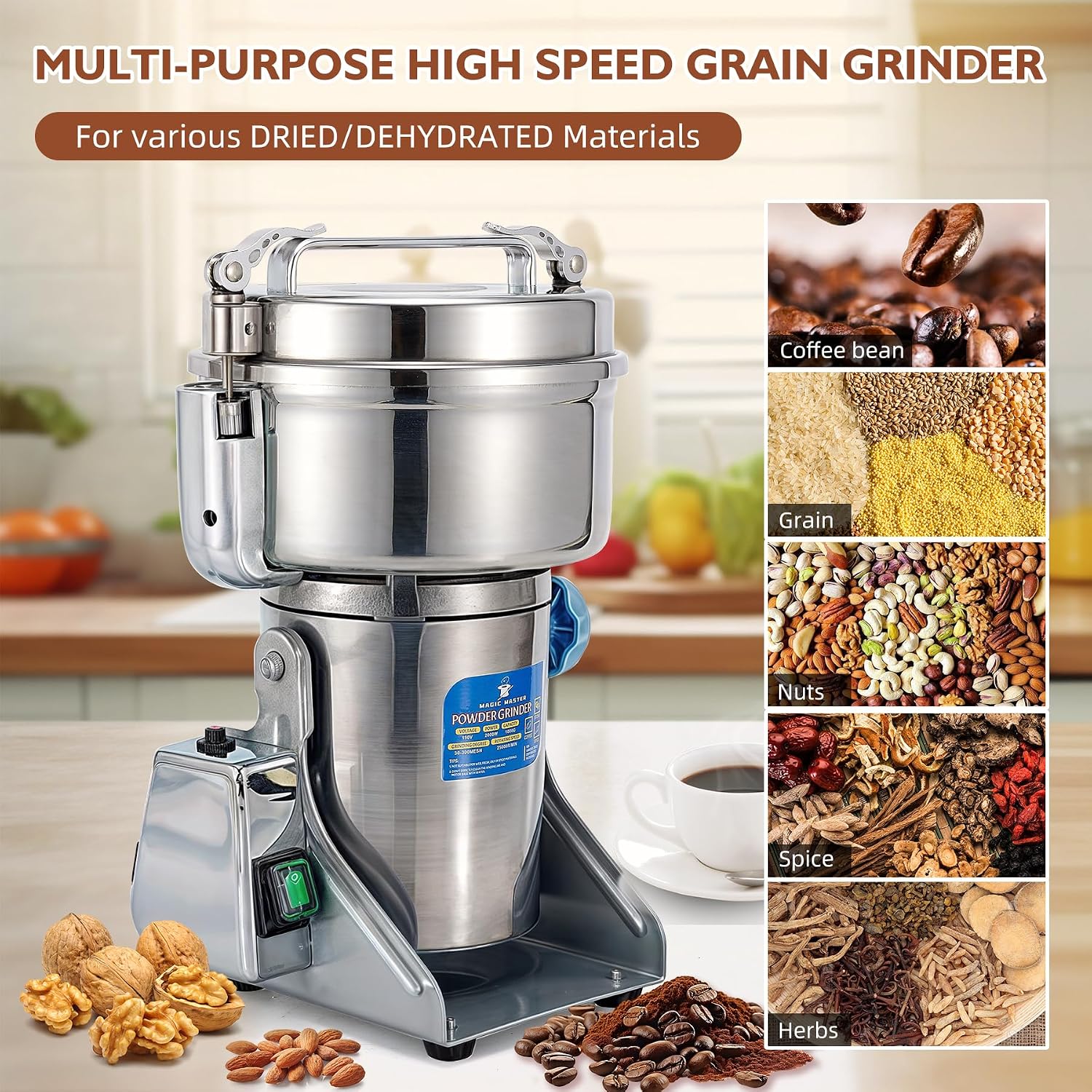 MAGIC MASTER 1000g Grain Mill, High Speed Electric Grinder, Stainless Steel Dry Grinder Machine For Flour, Wheat, Nut, Corn, Rice, Pepper, Herbs, Coffee Beans, Swing, 110V