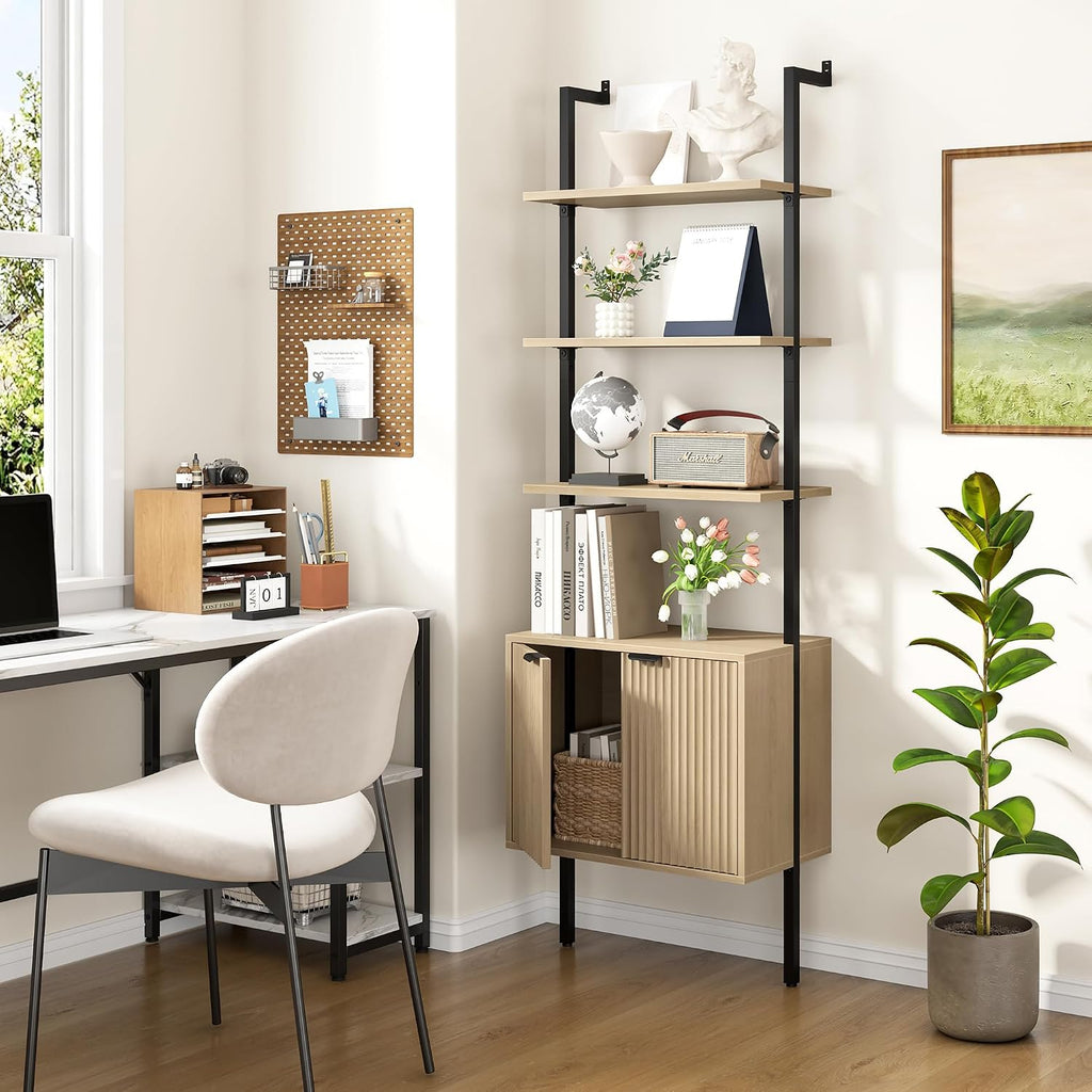 Yusong 73' Tall Bookshelf with Cabinet, Industrial Ladder Wall Mount Shelf Bookcase with Wood and Metal Frame, Plant Shelf Wall Storage Display for Living Room Bedroom, Wavy Light Ivory