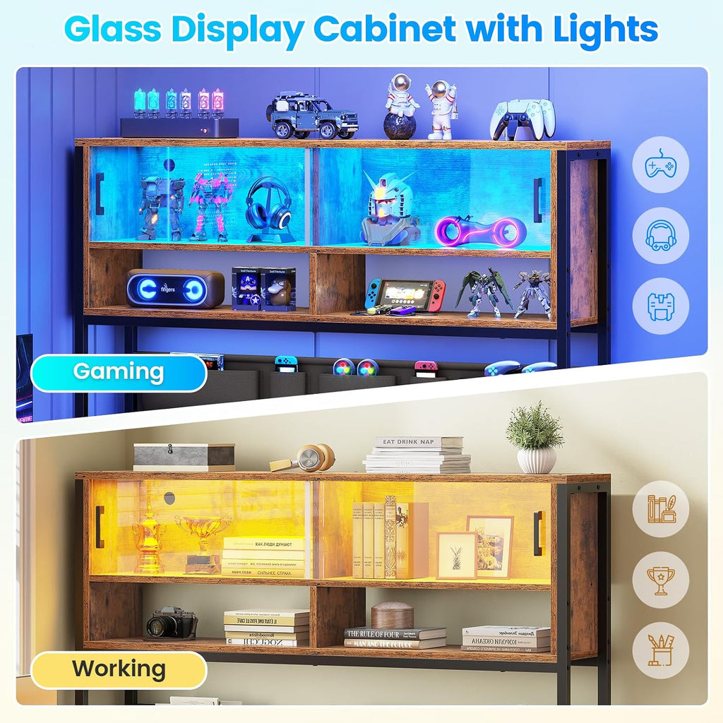 SEDETA L Shaped Computer Desk, Home Office Desk with 2 Drawer and Bookshelf, L Shaped Gaming Desk with LED Light, Glass Cabinet and Storage Bag, Corner Desk with Storage Shelves, Rustic Brown