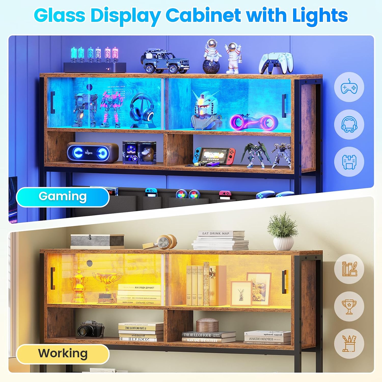SEDETA L Shaped Computer Desk, Home Office Desk with 2 Drawer and Bookshelf, L Shaped Gaming Desk with LED Light, Glass Cabinet and Storage Bag, Corner Desk with Storage Shelves, Rustic Brown