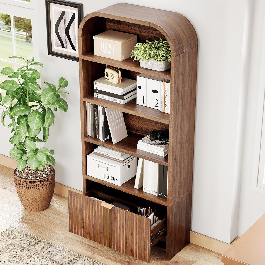 LEVNARY Arched Bookcase with Drawer, 70' Tall 5-Tier Bookshelf with Fluted Carved Drawer, Freestanding Display Storage Cabinet for Living Room Bedroom Home Office (Walnut)