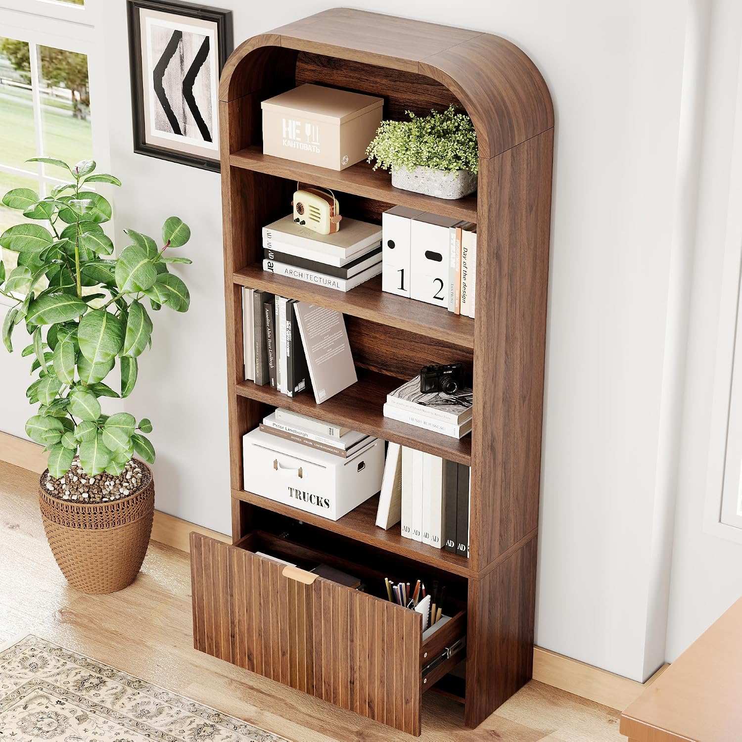 LEVNARY Arched Bookcase with Drawer, 70' Tall 5-Tier Bookshelf with Fluted Carved Drawer, Freestanding Display Storage Cabinet for Living Room Bedroom Home Office (Walnut)