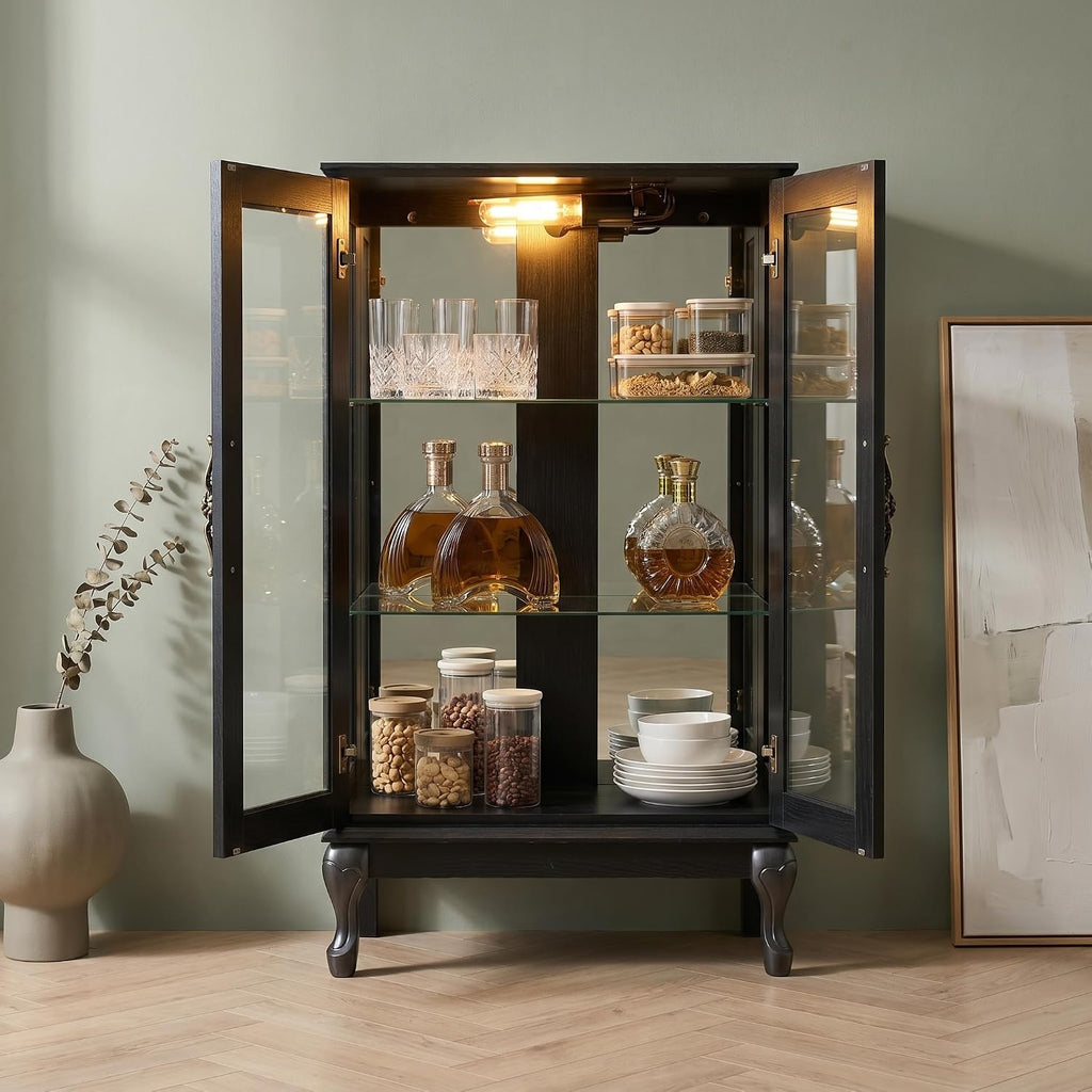 Casaphoria Lighted Curio Display Cabinet with Glass Doors, Display Cabinets for Collectibles with Mirrored Back and Adjustable Tempered Glass Shelves for Living Room, Entryway (Black