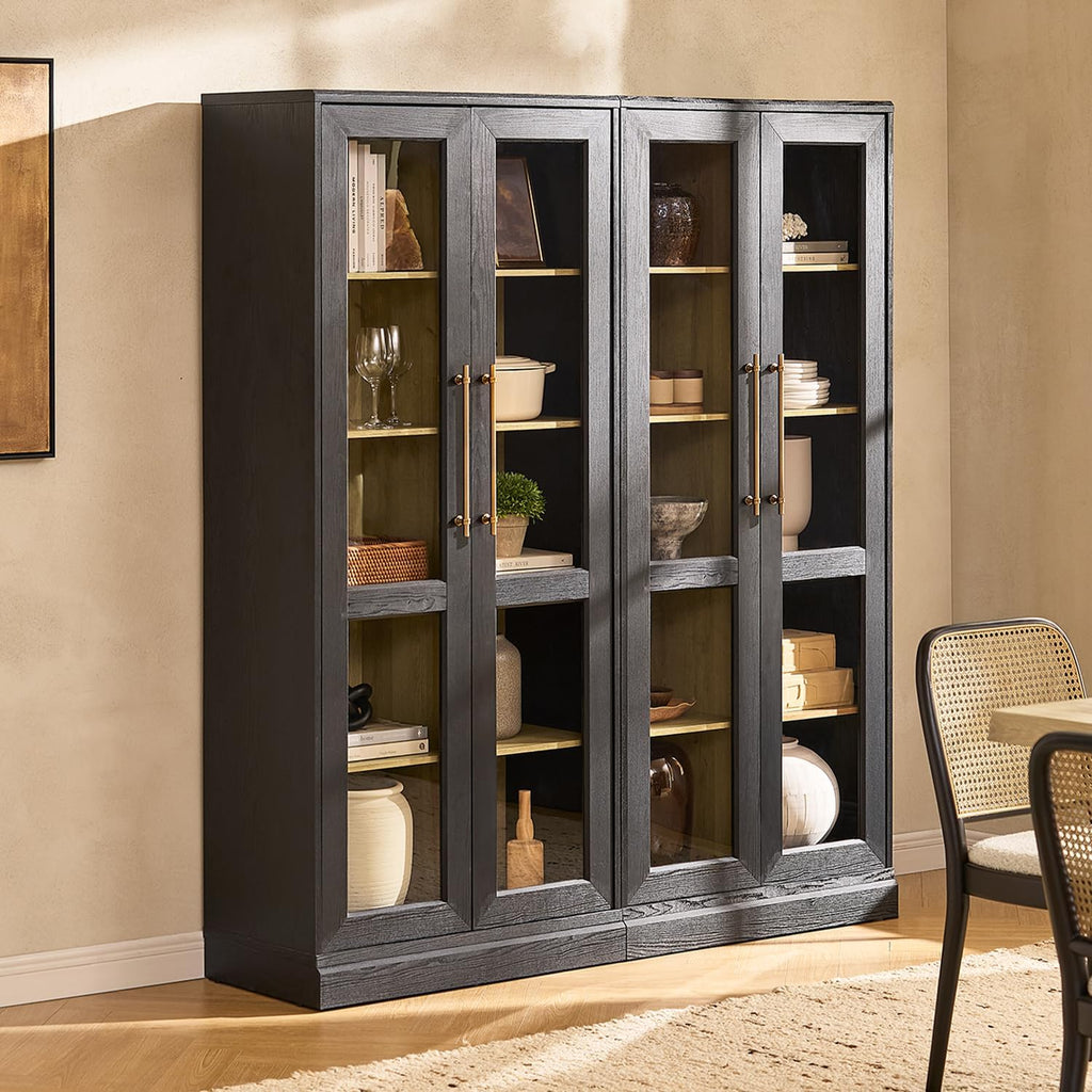 mopio Blake Tall Display Cabinet, Kitchen Buffet Pantry Cupboard, Trophy Display Case, Storage Cabinet Scratch Resistant Acrylic, Modern Farmhouse Curio Organizer (Black Oak Acrylic, Set of 2)