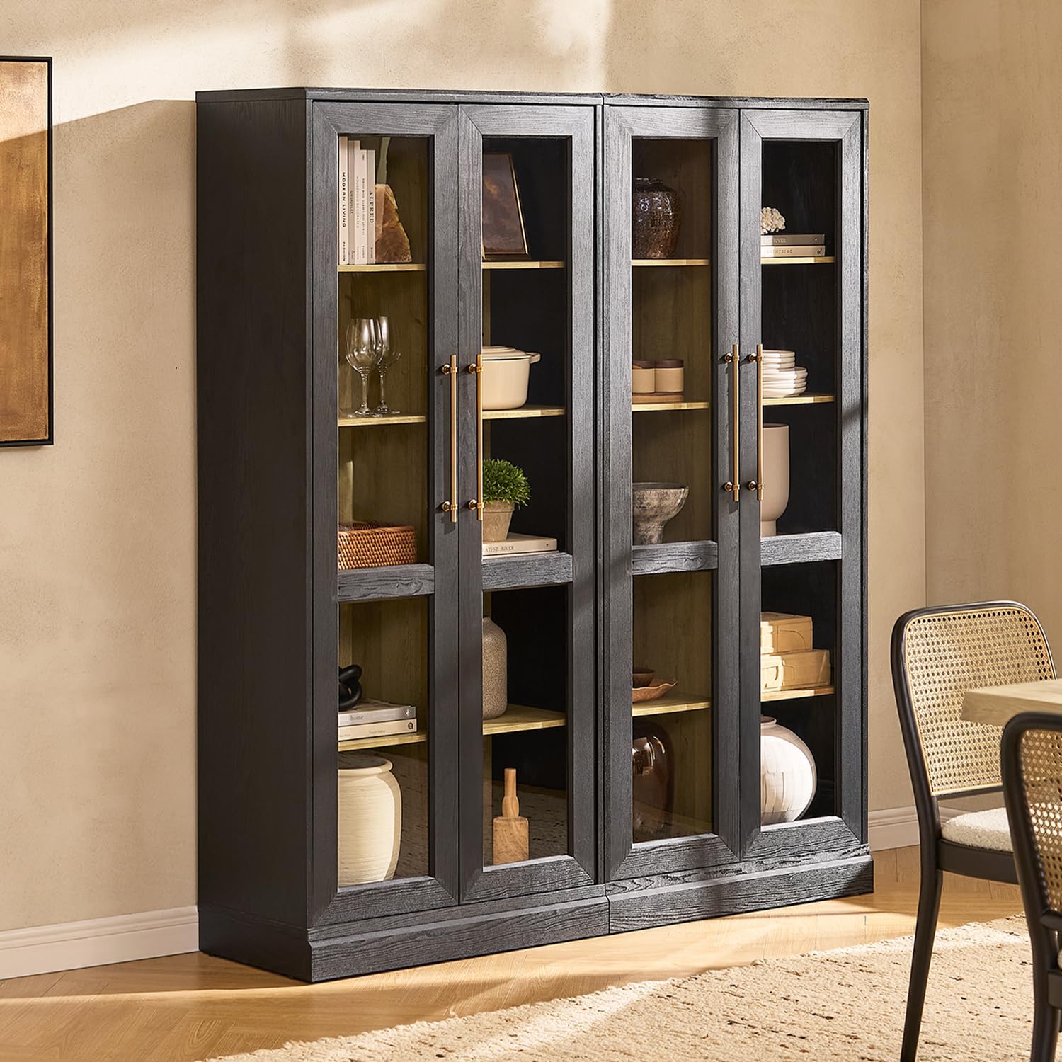 mopio Blake Tall Display Cabinet, Kitchen Buffet Pantry Cupboard, Trophy Display Case, Storage Cabinet Scratch Resistant Acrylic, Modern Farmhouse Curio Organizer (Black Oak Acrylic, Set of 2)