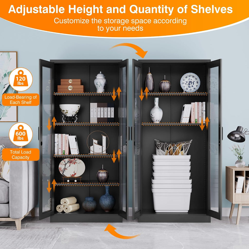 Glass Display Cabinet with 4 Adjustable Shelves, 71' Tall Curio Cabine with Tempered Glass Door, Liquor Cabinet with Lock, 5-Tier Bookcase Storage Cabinet for Home, Study, Living Room (Black)