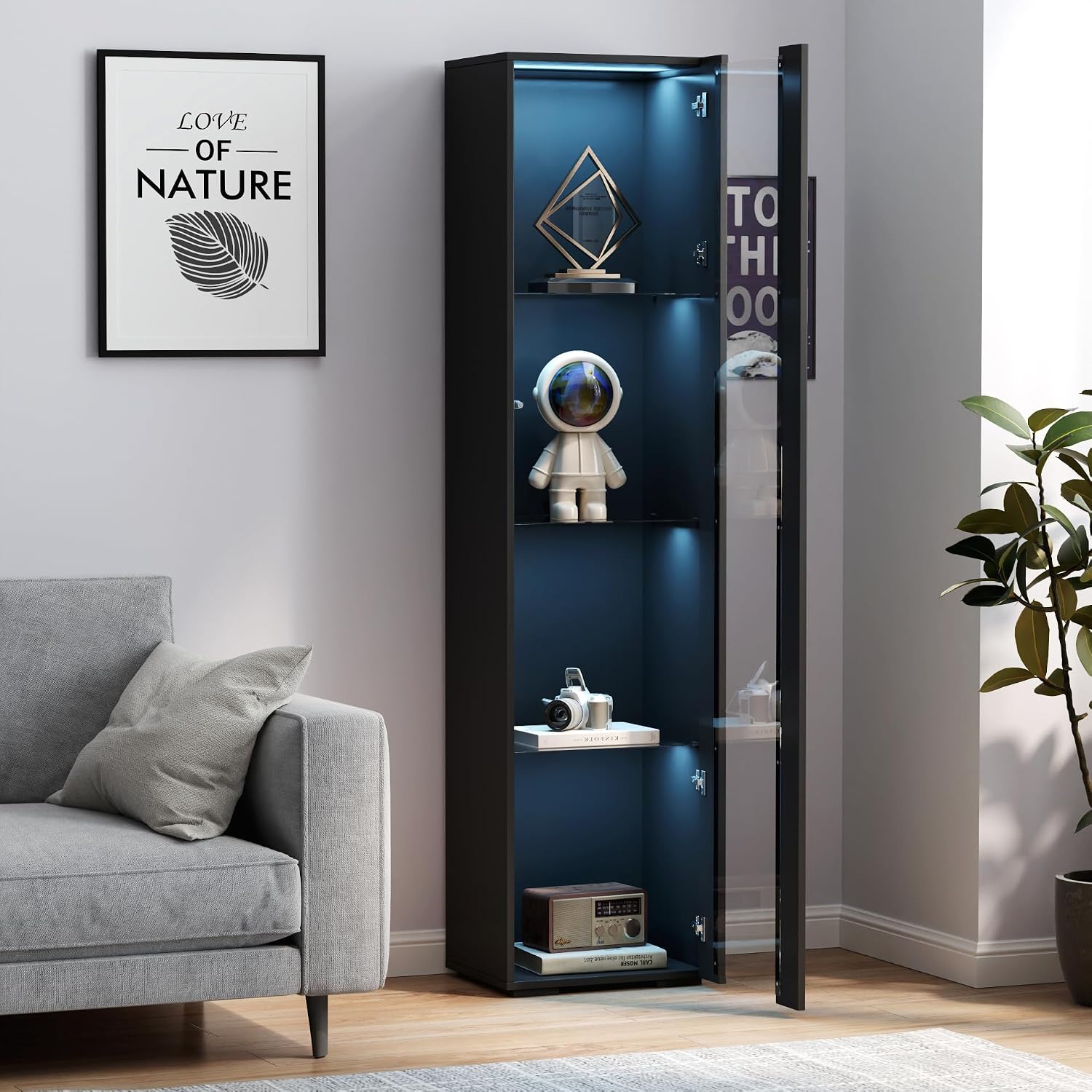 67' LED Display Cabinet with 4 Glass Shelves & 1 Door, Modern Curio Cabinet Collection Display Case Storage Cabinet, High Gloss Floor Standing Bookshelf for Living Room Bedroom Office (Black)