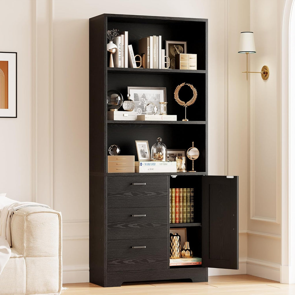 IRONCK Bookshelf with Drawers, 71 in Tall Bookcase with Doors and 3-Tier Shelves, for Bedroom Living Room Entrance Hallway Home Office