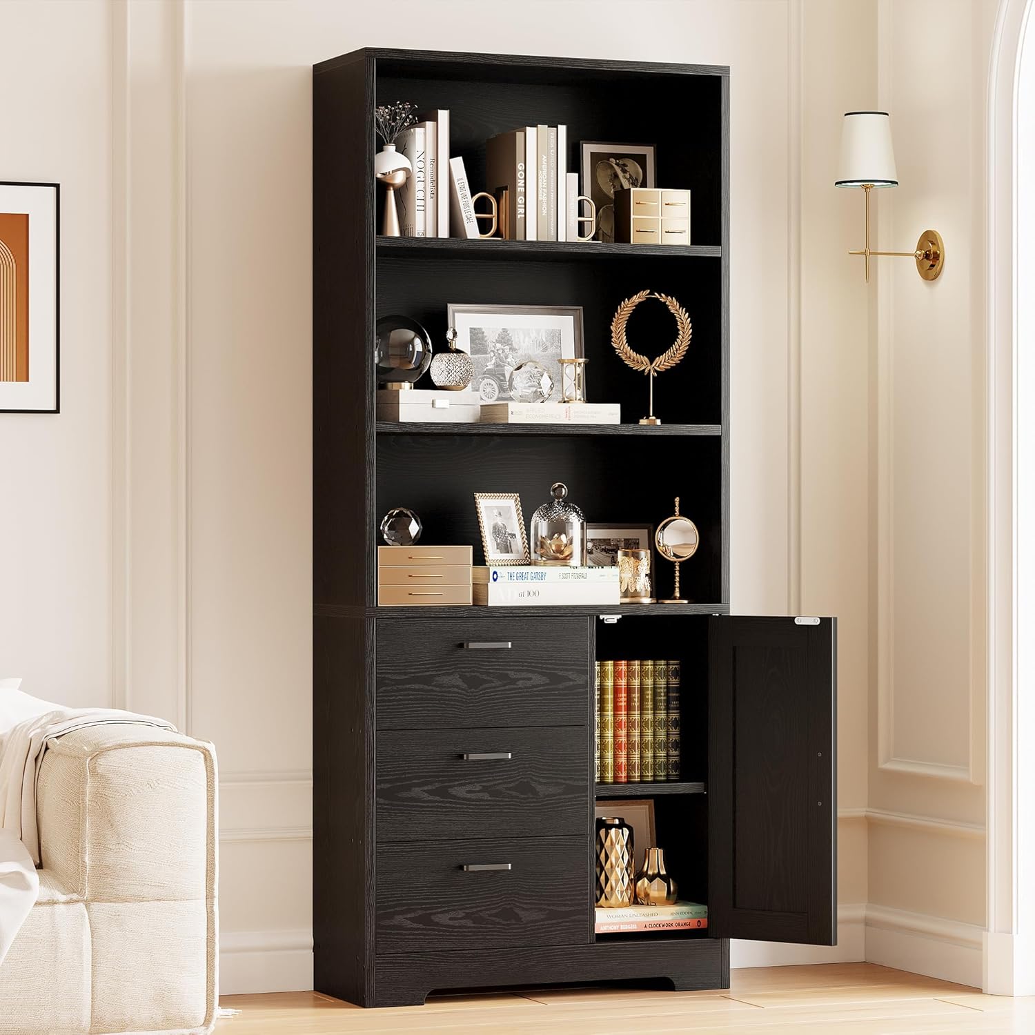 IRONCK Bookshelf with Drawers, 71 in Tall Bookcase with Doors and 3-Tier Shelves, for Bedroom Living Room Entrance Hallway Home Office