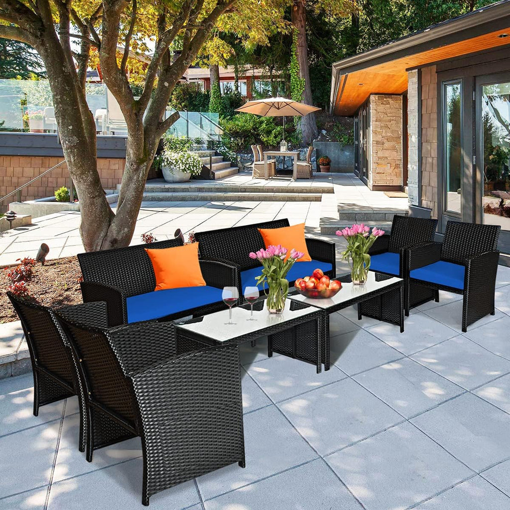 Tangkula 8 Pieces Patio Wicker Conversation Furniture Set, Patiojoy Sofa & Table Set w/4 Seats, Outdoor Rattan Sofa Set for Balcony Backyard, Wicker Chair Set with Tempered Glass Coffee Table