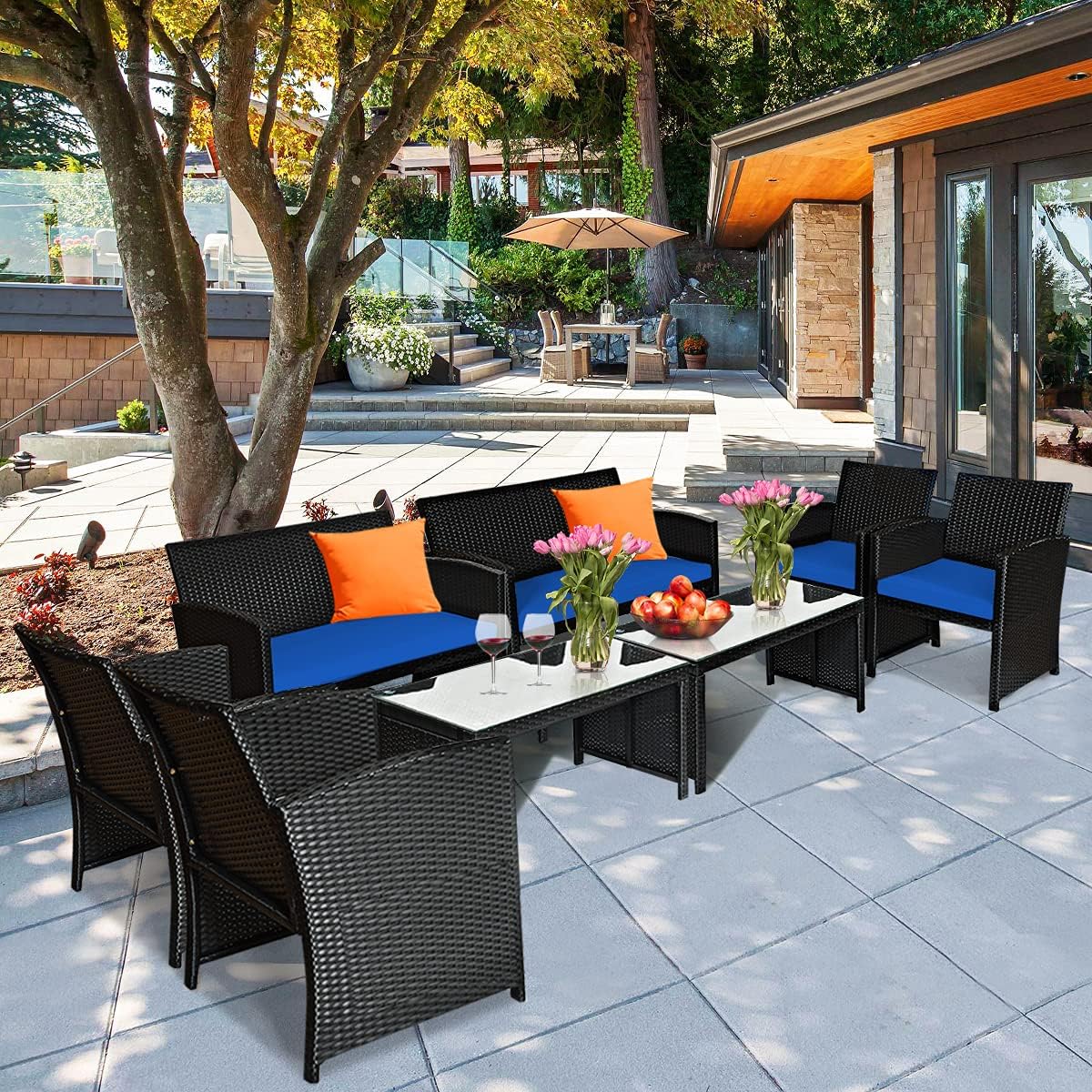 Tangkula 8 Pieces Patio Wicker Conversation Furniture Set, Patiojoy Sofa & Table Set w/4 Seats, Outdoor Rattan Sofa Set for Balcony Backyard, Wicker Chair Set with Tempered Glass Coffee Table