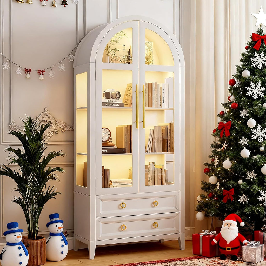 LVSOMT 71' Tall Arched Storage Cabinet with Glass Doors and Drawers, Curio Display Cabinet with Adjustable LED Light & Human Sensor, 4-Tier China Cabinet for Living Room(White)