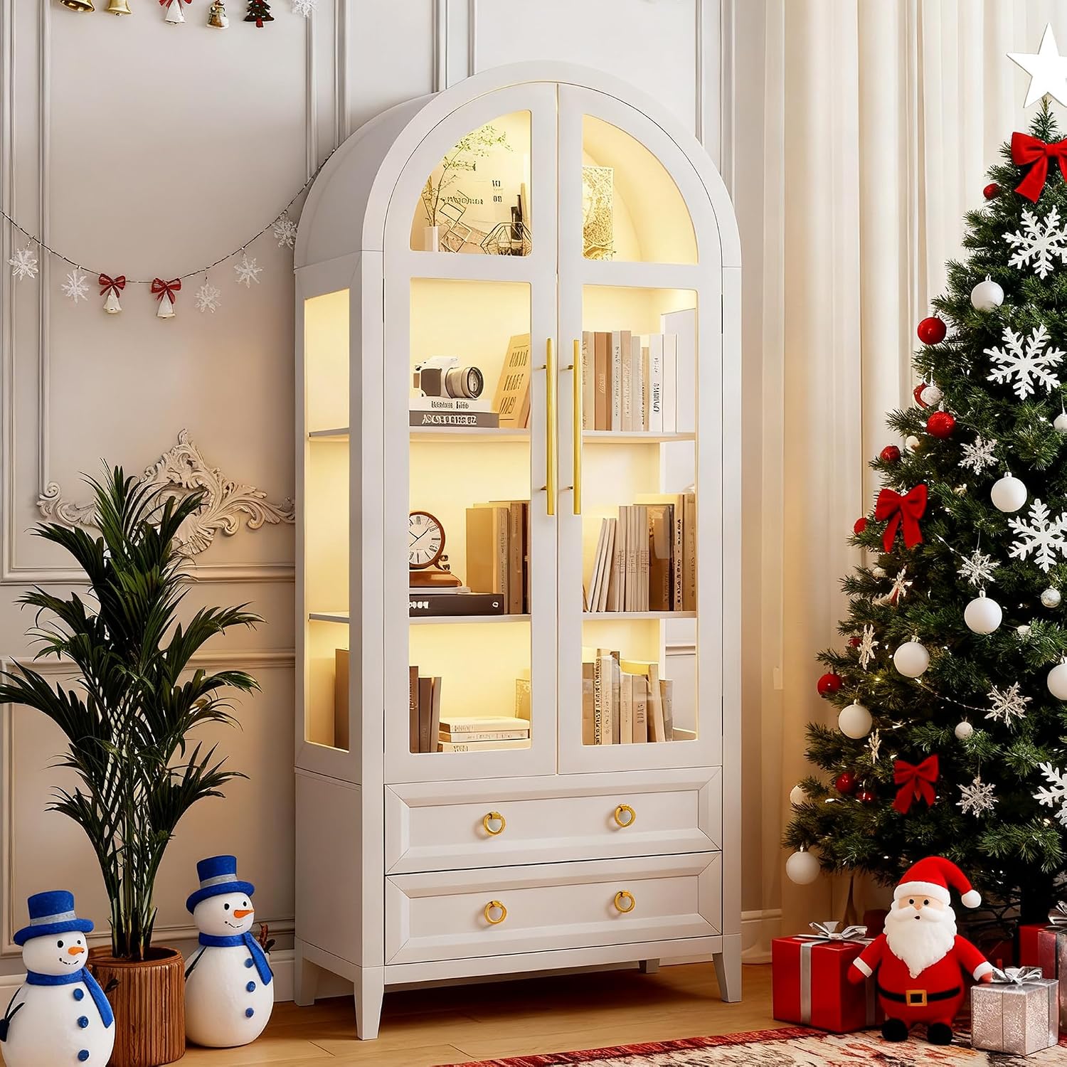 LVSOMT 71' Tall Arched Storage Cabinet with Glass Doors and Drawers, Curio Display Cabinet with Adjustable LED Light & Human Sensor, 4-Tier China Cabinet for Living Room(White)