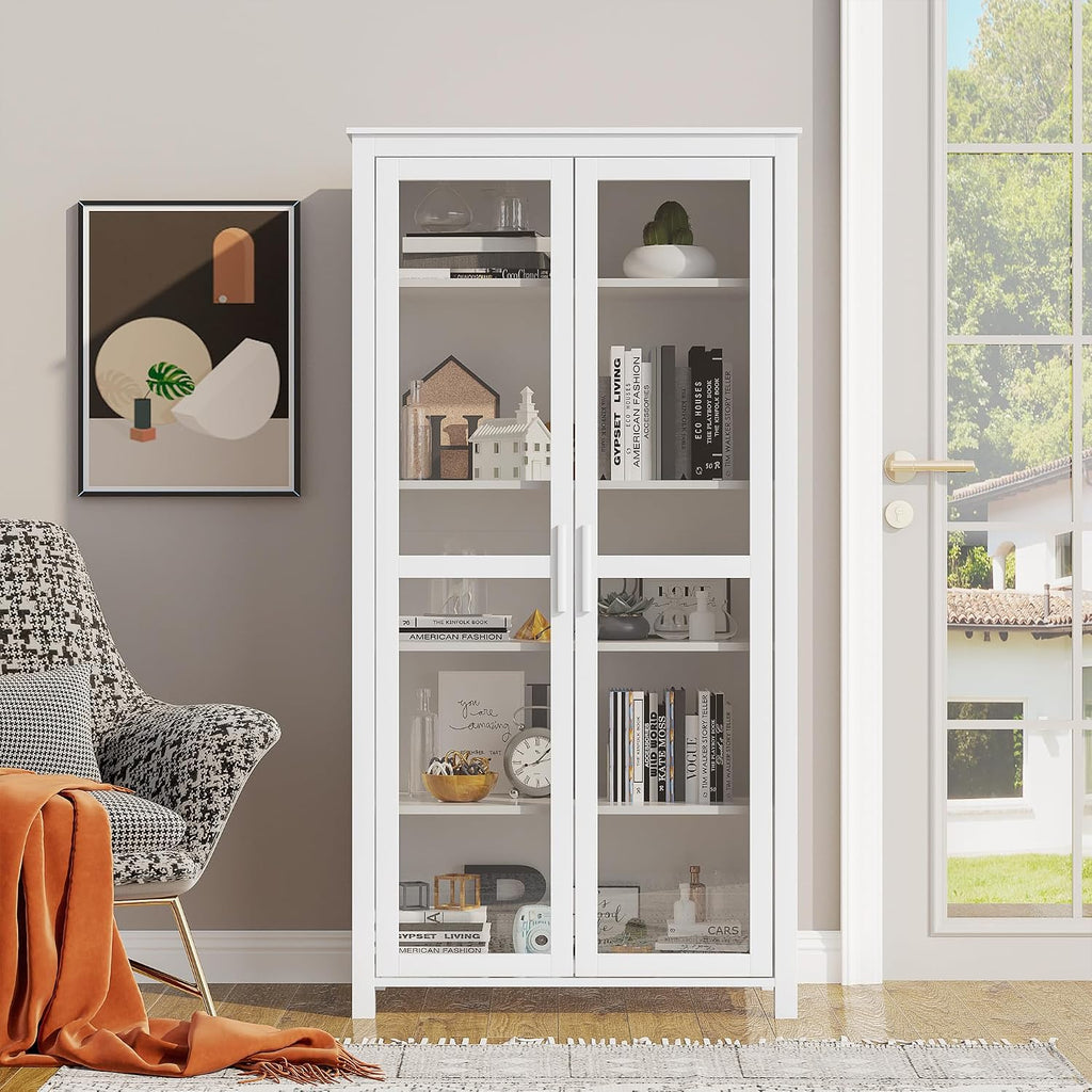HOMCOM 63' Kitchen Pantry Cabinet, Freestanding Storage Cabinet, Display Cabinet with 2 Glass Door and 2 Adjustable Shelves for Dining Room, White