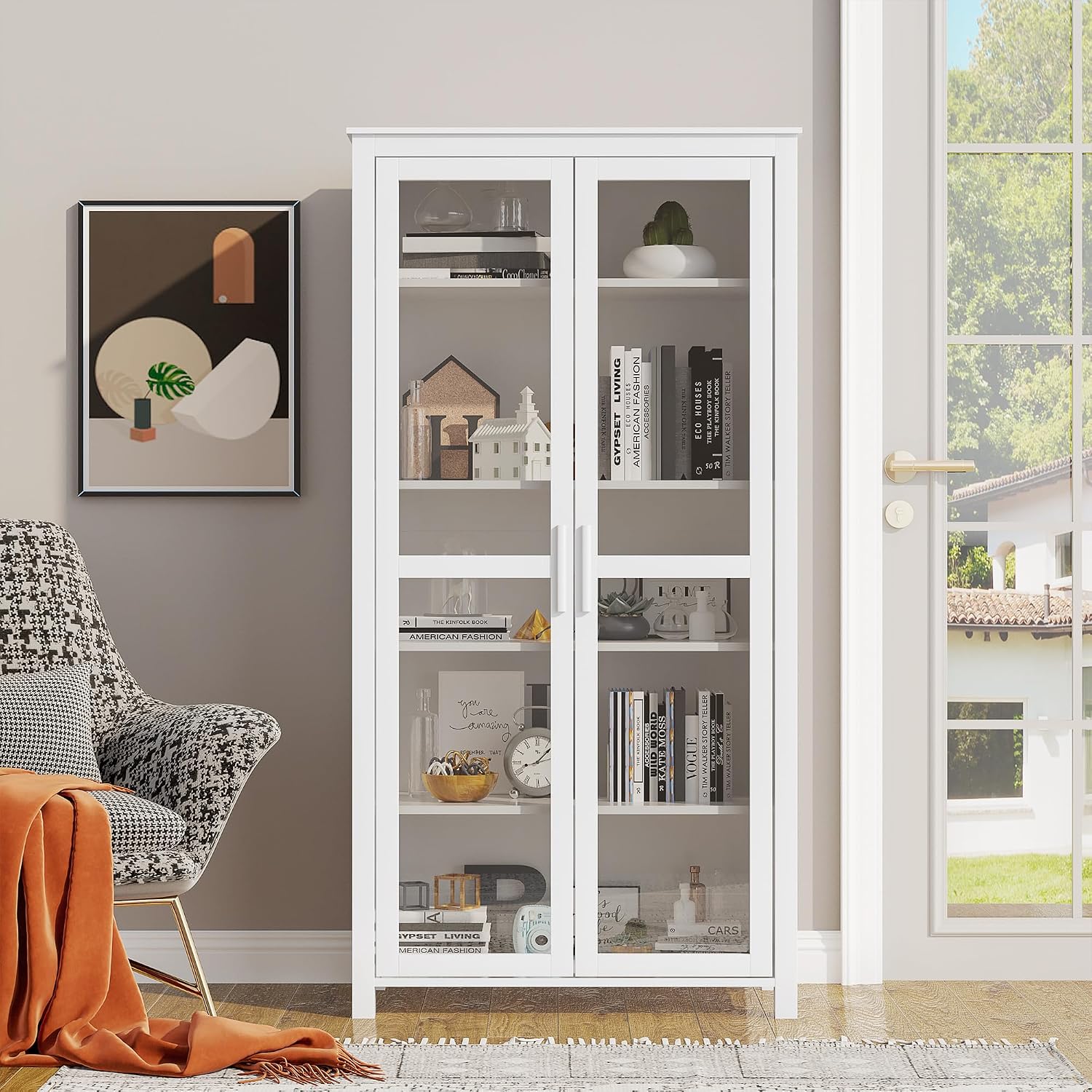 HOMCOM 63' Kitchen Pantry Cabinet, Freestanding Storage Cabinet, Display Cabinet with 2 Glass Door and 2 Adjustable Shelves for Dining Room, White