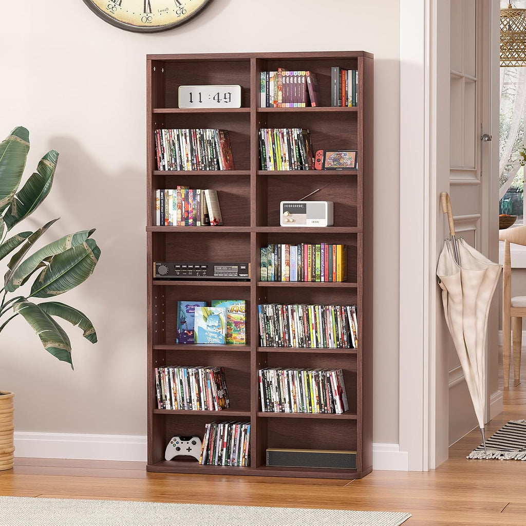 LELELINKY 7 Tier Tall Display Cabinet, Walnut Media Storage Cabinet with Adjustable Shelves, Free Standing DVD Organizer Shelf, Floor Multimedia Storage Manga Bookshelf for Living Room & Home Office.