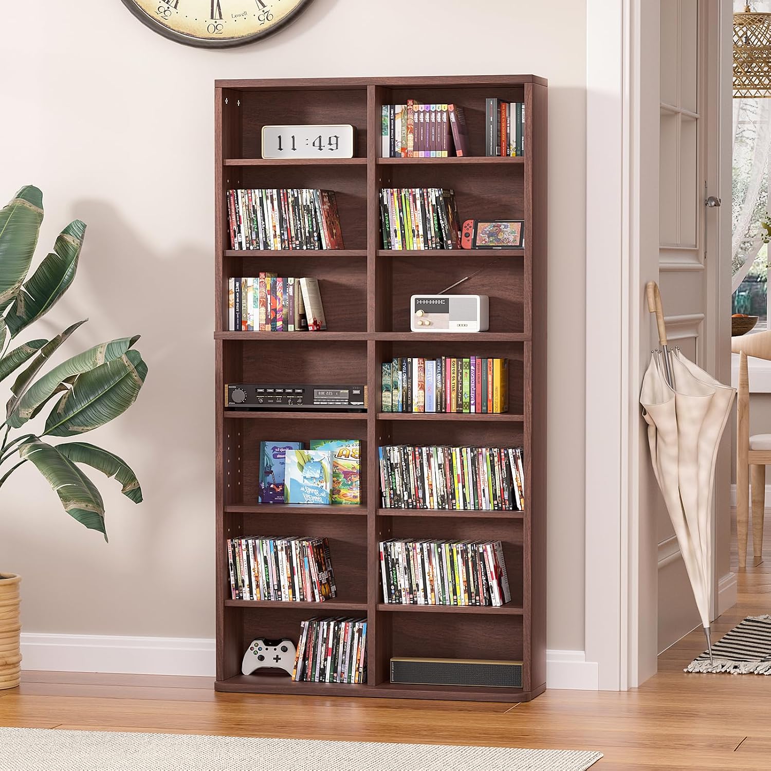 LELELINKY 7 Tier Tall Display Cabinet, Walnut Media Storage Cabinet with Adjustable Shelves, Free Standing DVD Organizer Shelf, Floor Multimedia Storage Manga Bookshelf for Living Room & Home Office.