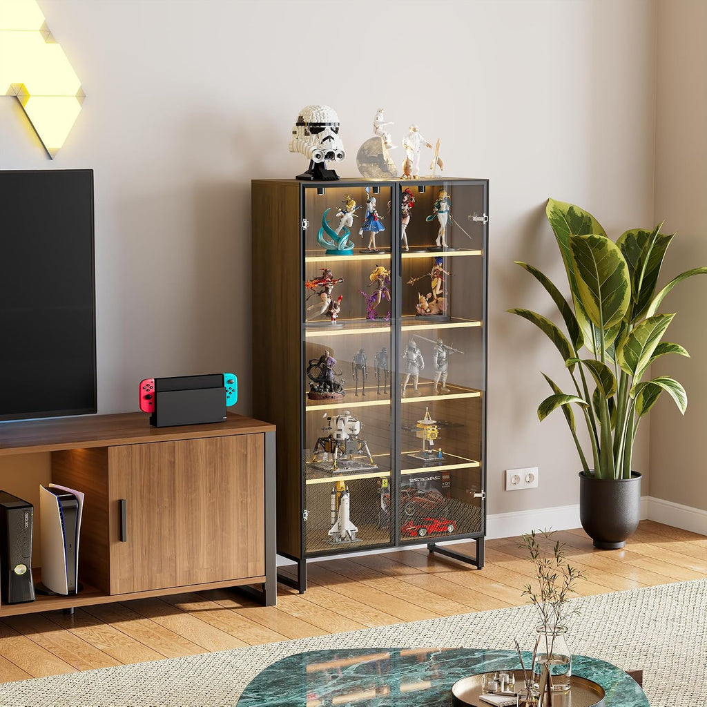 EUREKA ERGONOMIC Curio Cabinet with LED Lights, 4-Tier Adjustable Shelves Display Storage Cabinet Tempered Glass Door Tall Showcase for Collectibles Figurines Home Office Living Room Bedroom, Walnut