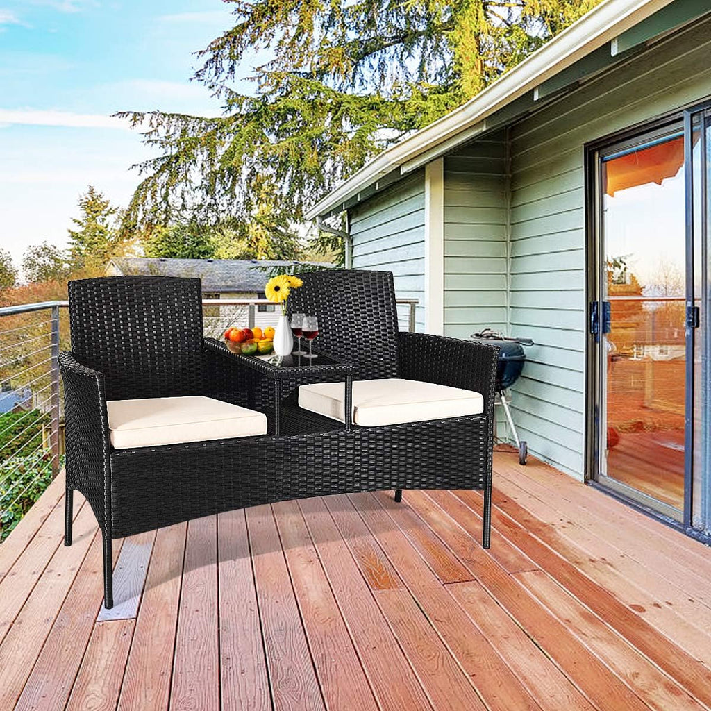 Tangkula Wicker Patio Conversation Furniture Set, Outdoor Furniture Set with Removable Cushions & Table, Tempered Glass Top, Modern Rattan Bench for Garden Lawn Backyard (White)