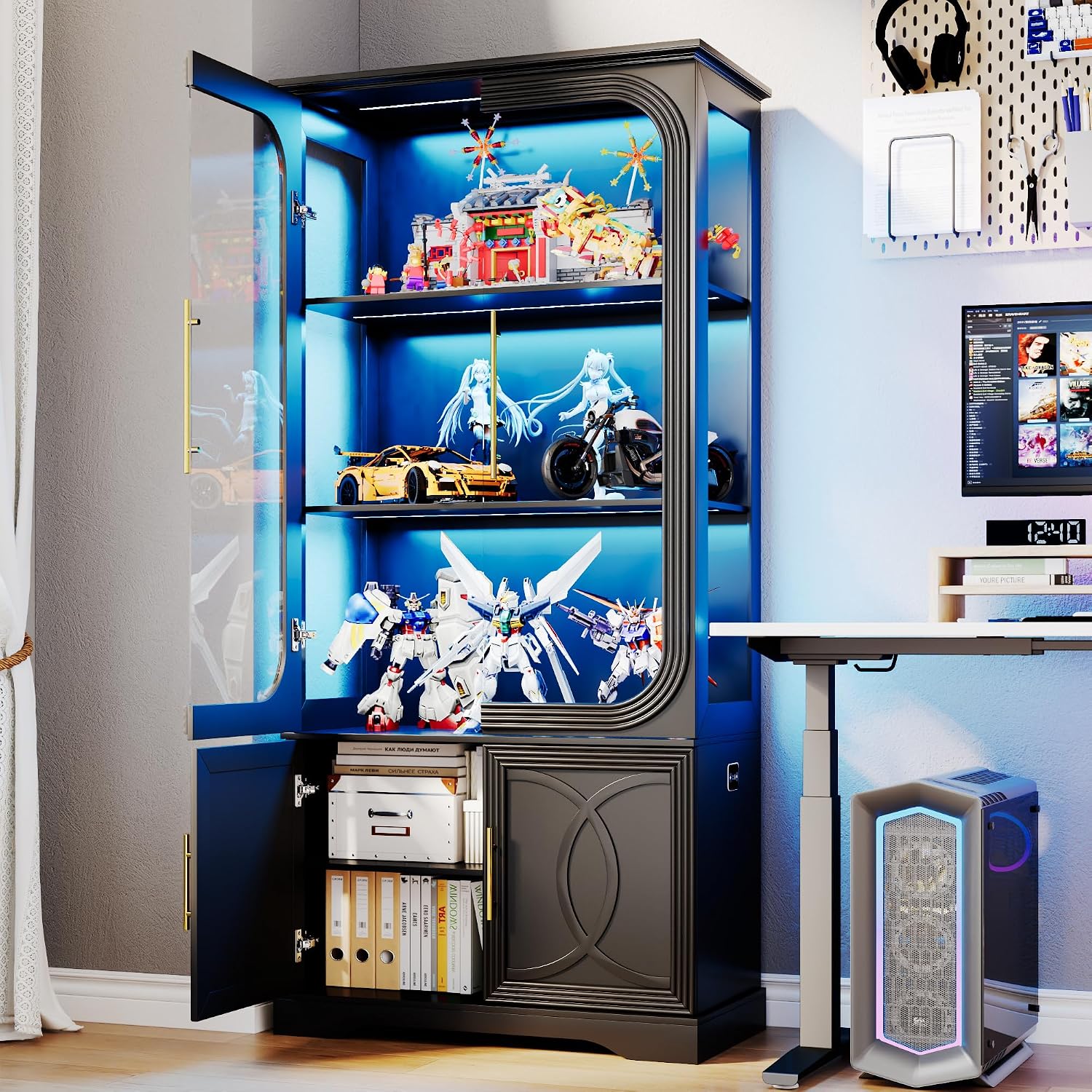 2pc Wood Display Cabinet with Glass Doors, 69' Tall Curio Cabinet with LED Lights, Glass Display Case with Storage and 3 Shelves for Living Room, (Black-2)
