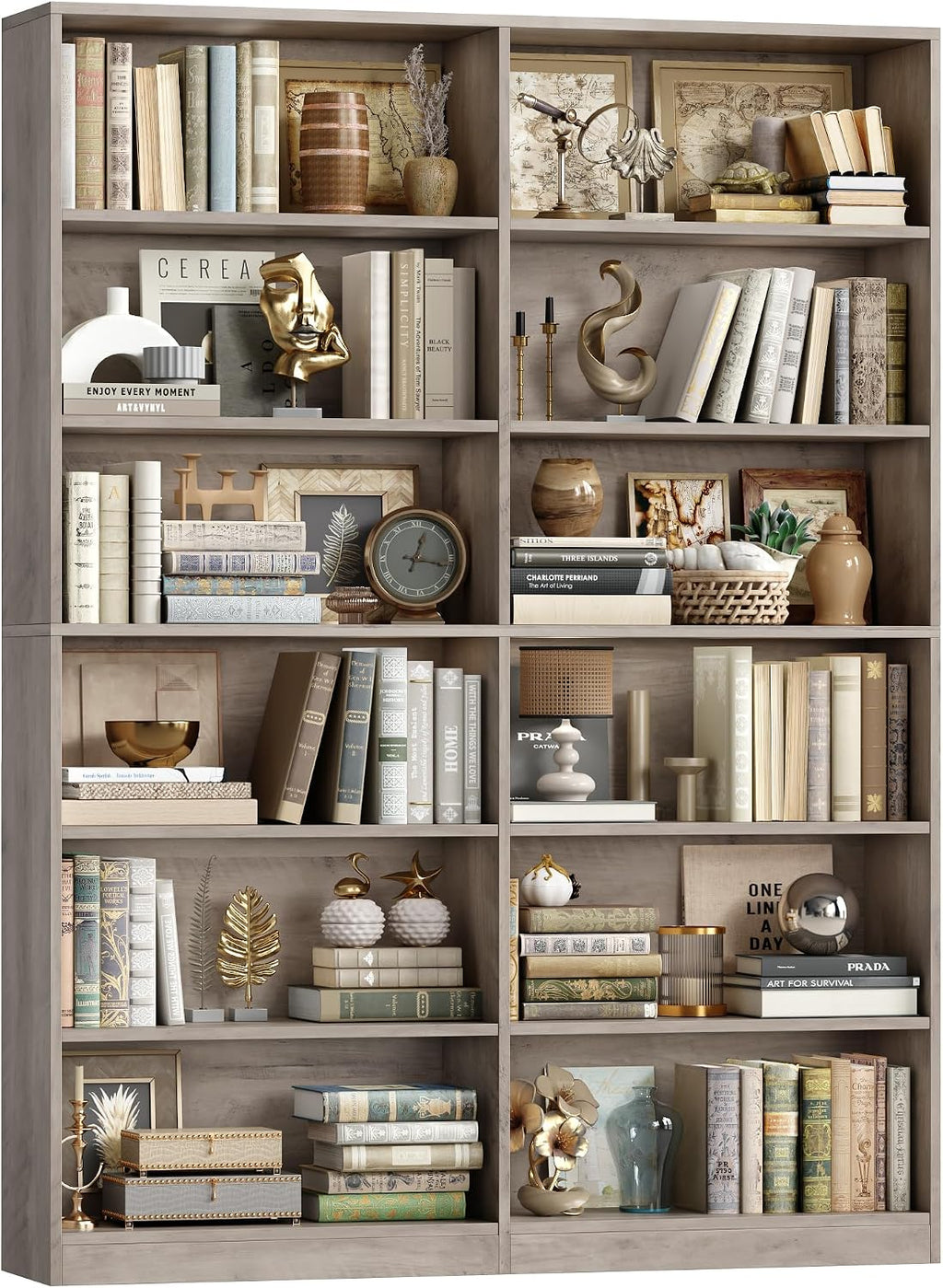 FACBOTALL Bookshelf and Bookcase, 6-Tier Double Wide Bookshelves, Freestanding Display Storage Shelves, Tall Bookcases for Home Decor Bedroom, Living Room, Home Office, Wash Gray