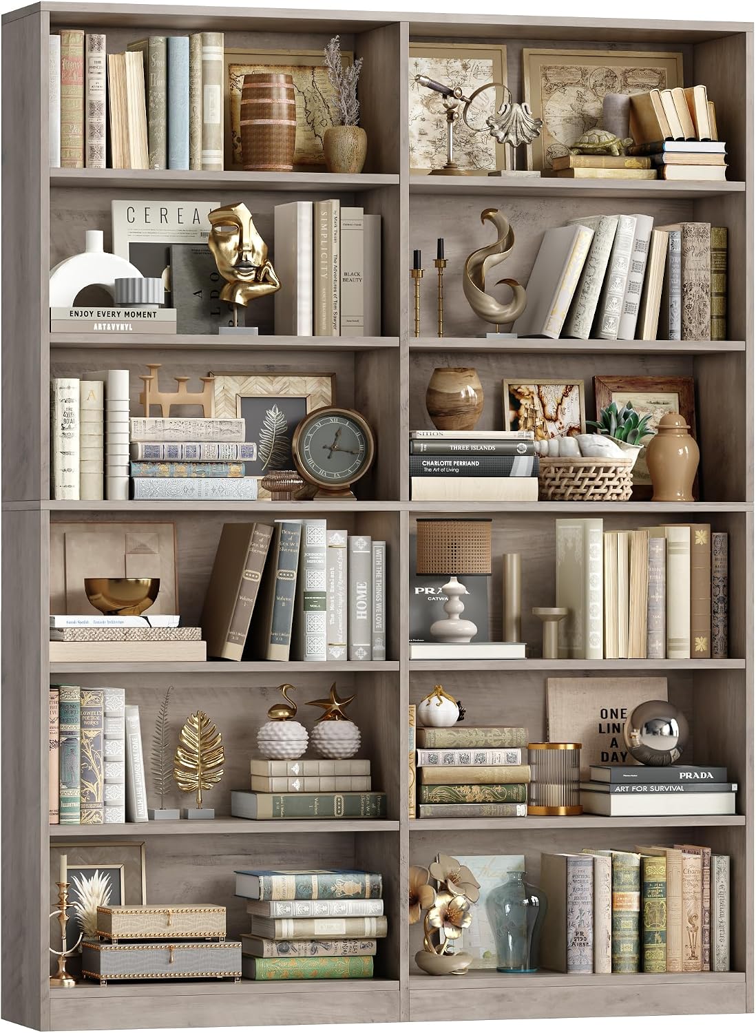 FACBOTALL Bookshelf and Bookcase, 6-Tier Double Wide Bookshelves, Freestanding Display Storage Shelves, Tall Bookcases for Home Decor Bedroom, Living Room, Home Office, Wash Gray