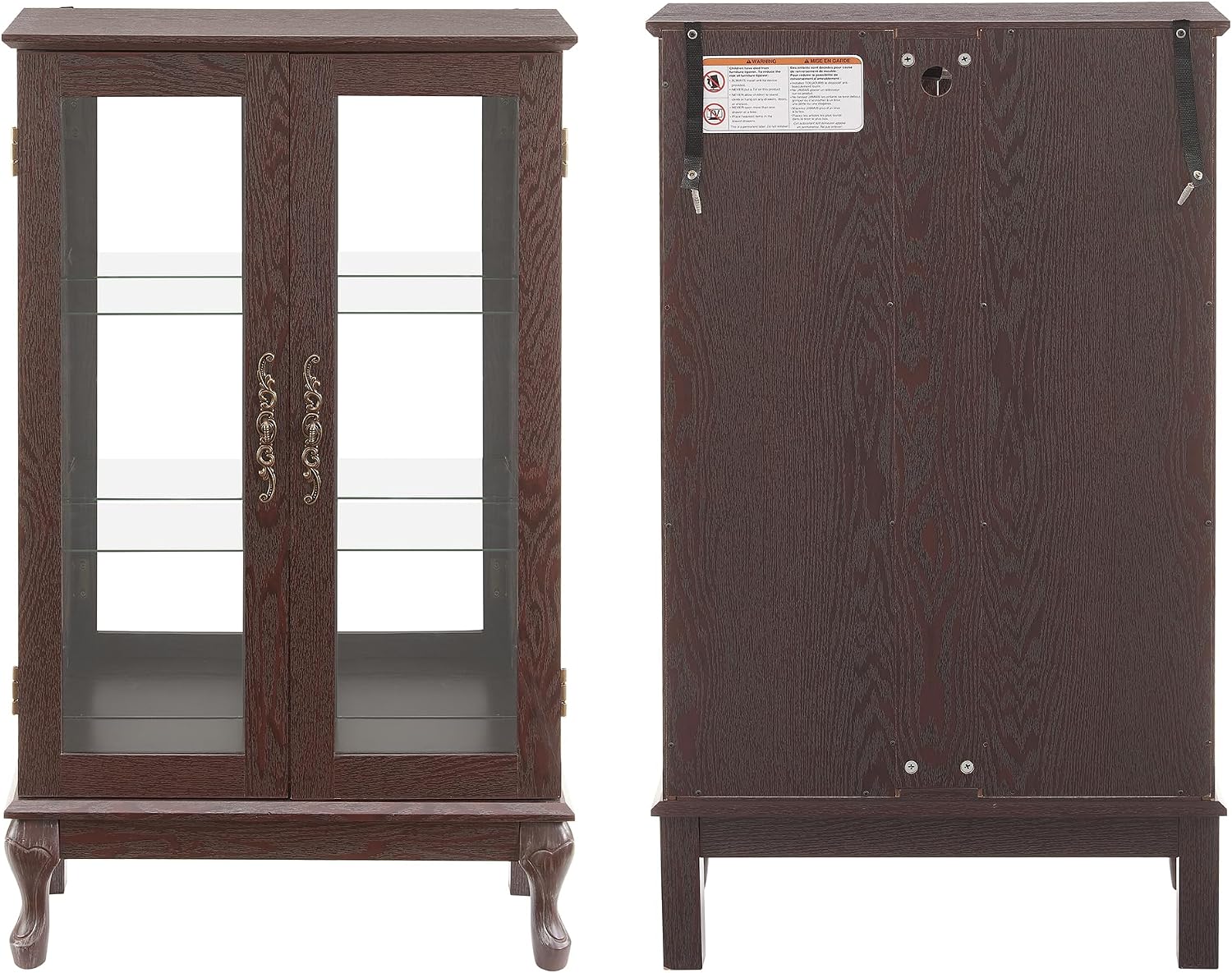 43' H Lighted Curio Cabinet Display Case, Glass Curio Cabinet with Adjustable Shelves and Tempered Glass Door, Wooden Cabinets w/Mirrored Back Pane for Living Room (Dark Cherry)