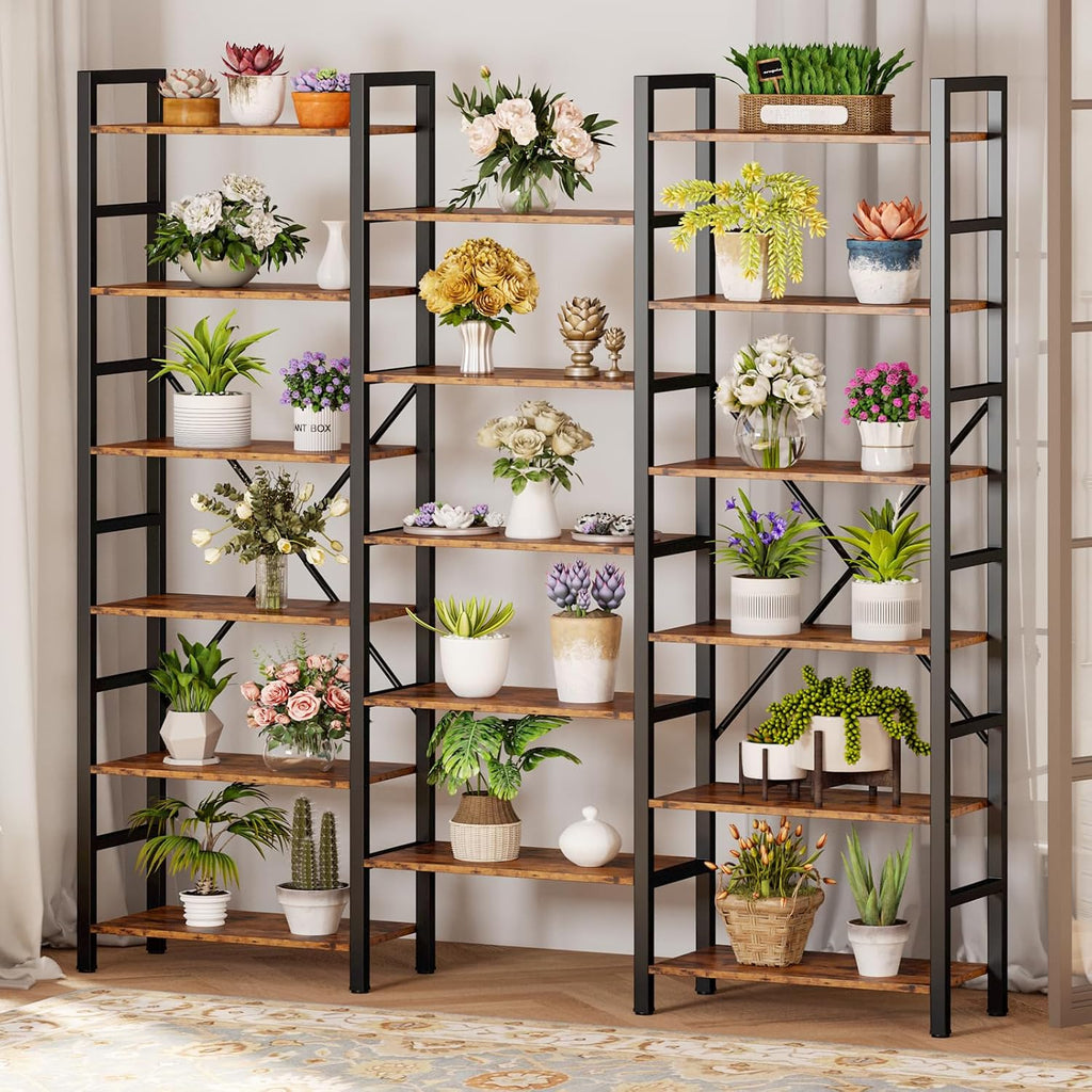 IRONCK Bookshelves 6 Tiers Triple Wide Industrial Bookshelf, Large Etagere Bookshelf Open Display Shelves with Metal Frame for Living Room Bedroom Home Office
