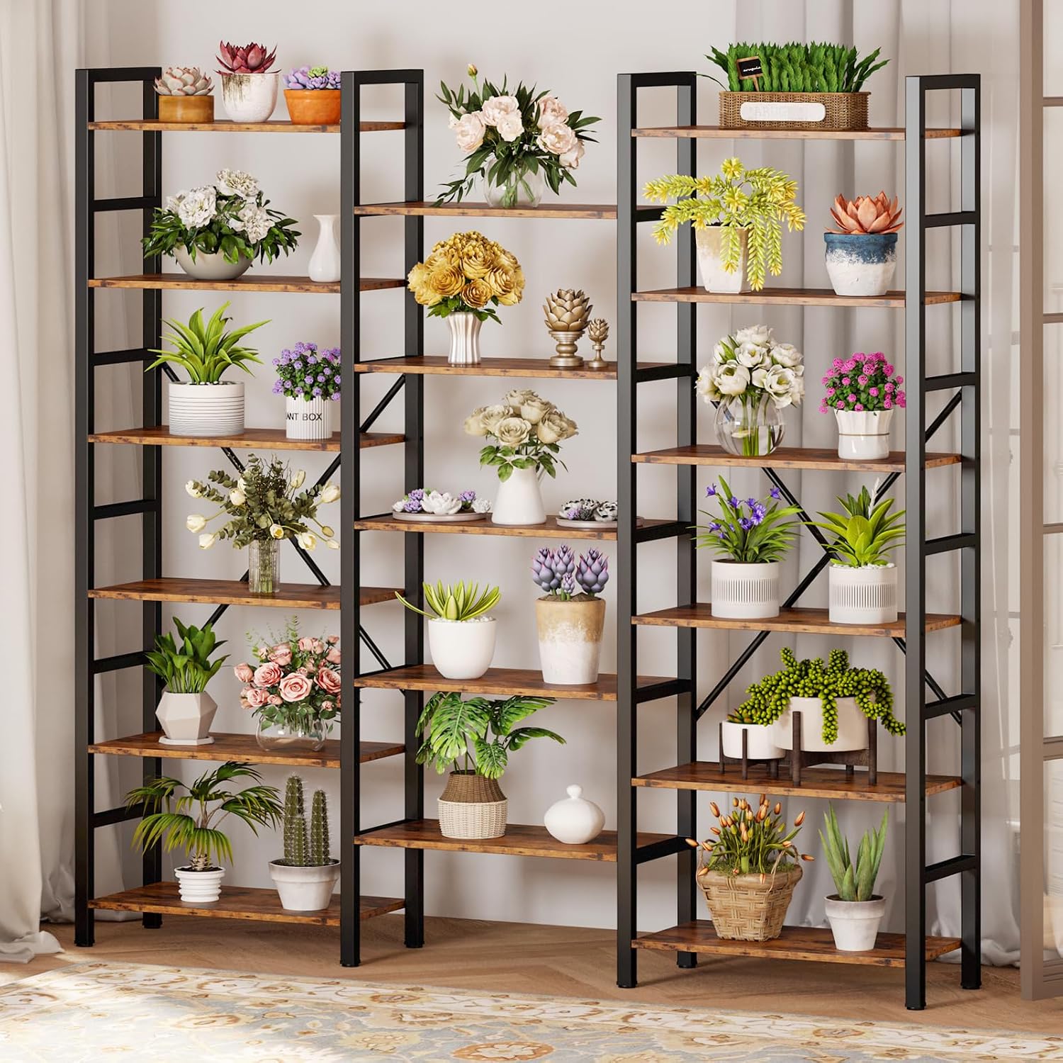 IRONCK Bookshelves 6 Tiers Triple Wide Industrial Bookshelf, Large Etagere Bookshelf Open Display Shelves with Metal Frame for Living Room Bedroom Home Office