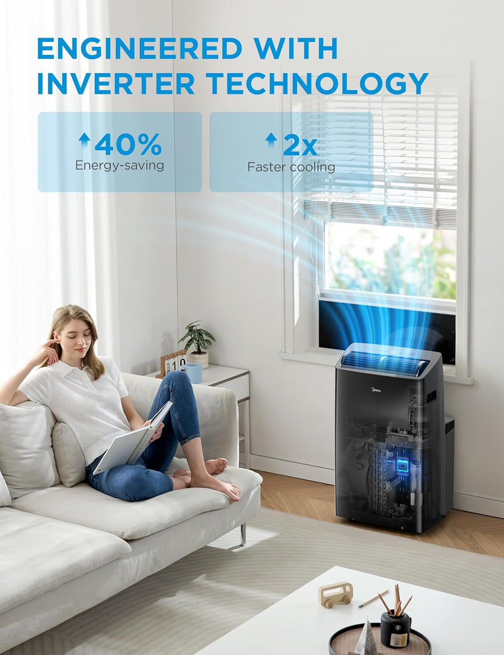 Midea Duo 12,000 BTU (10,000 BTU SACC) High Efficiency Inverter, Ultra Quiet Portable Air Conditioner, Cools up to 450 Sq. Ft., Compatible with Alexa/Google Assistant, Includes Remote, 2026 NEW