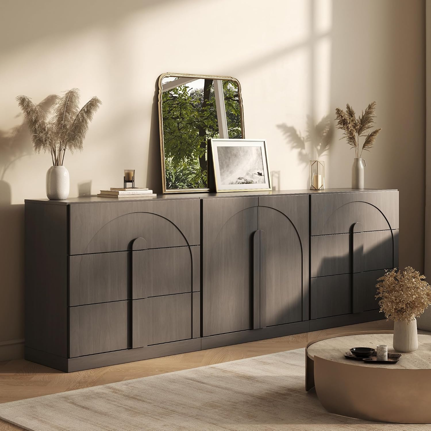 BELLEZE Modular Sideboard Cabinet Set, 3-Piece Modern Wood Buffet Cabinet Contain Arched Cabinet and 2 3-Drawer Storage, Freely Configurable Credenza for Living Room Kitchen, Camel