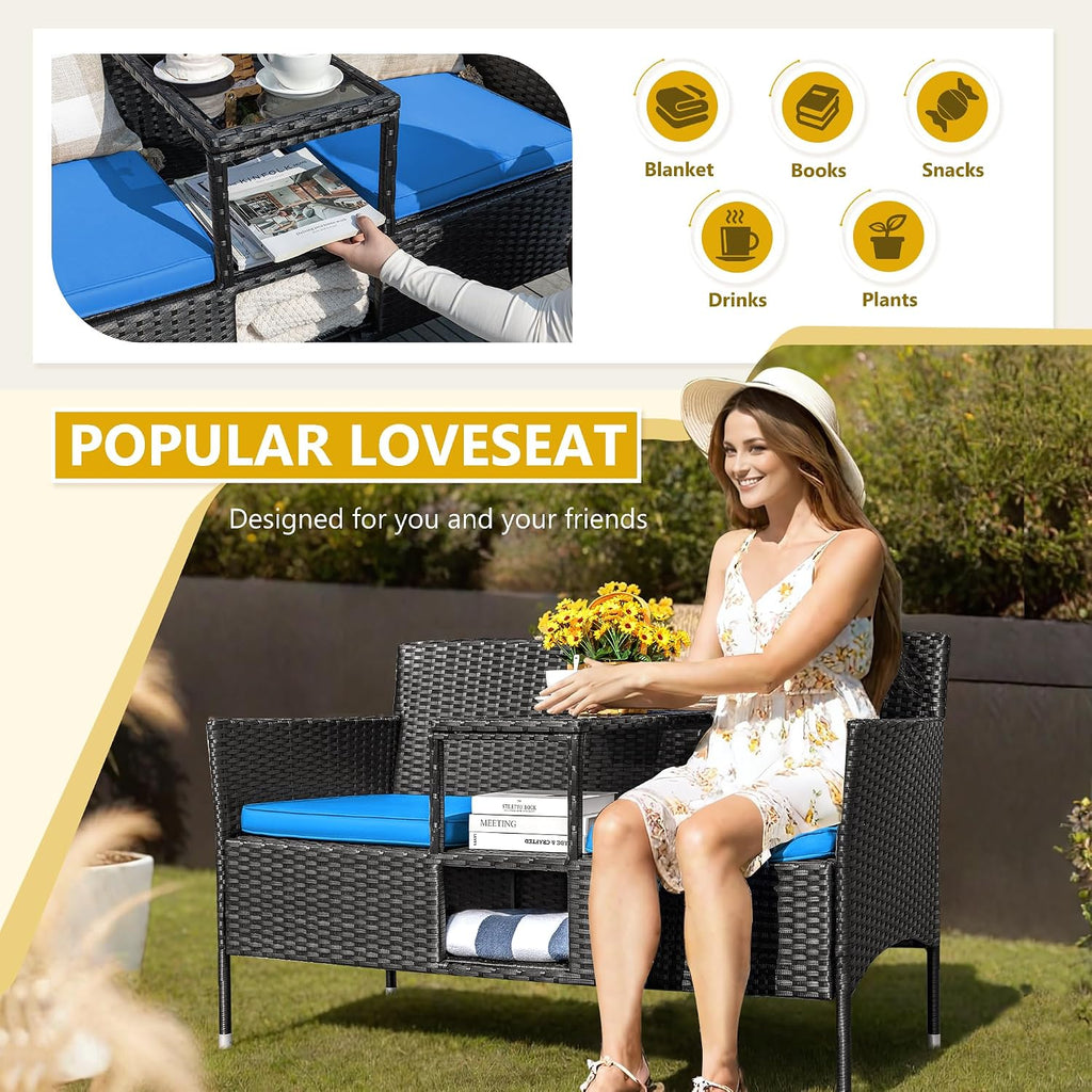 Devoko Outdoor Patio Loveseat Modern Rattan 2-Seat Patio Conversation Set with Cushions & Built-in Coffee Table Porch Furniture for Garden Lawn Backyard (Blue)