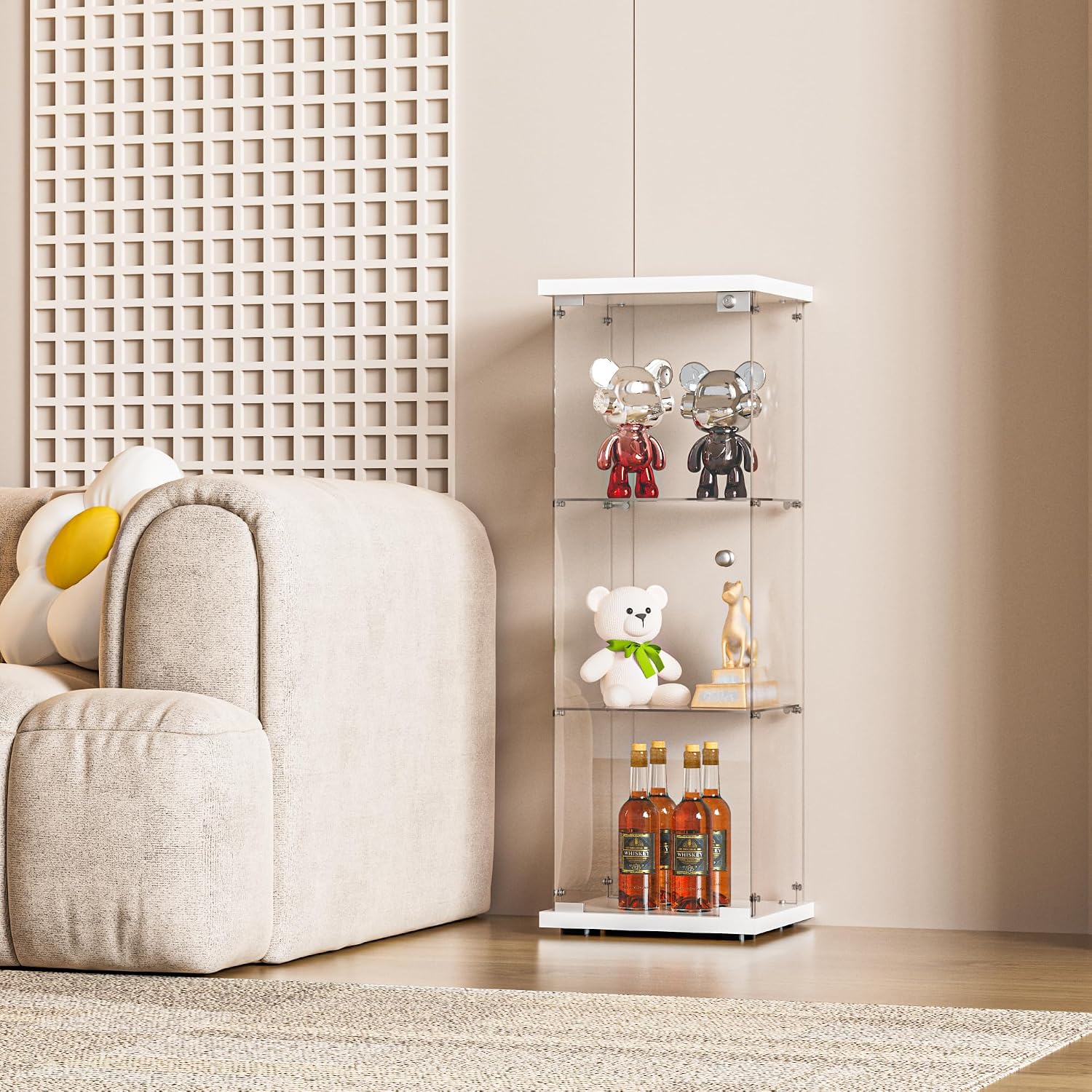 FANYUSHOW 3-Shelf Glass Display Cabinet with Door, Upgraded Quick-Install Style Curio Cabinets 4mm Tempered Glass Floor Standing Bookshelf for Bedroom, Living Room 49.1'x 16.7'x 14.3' White