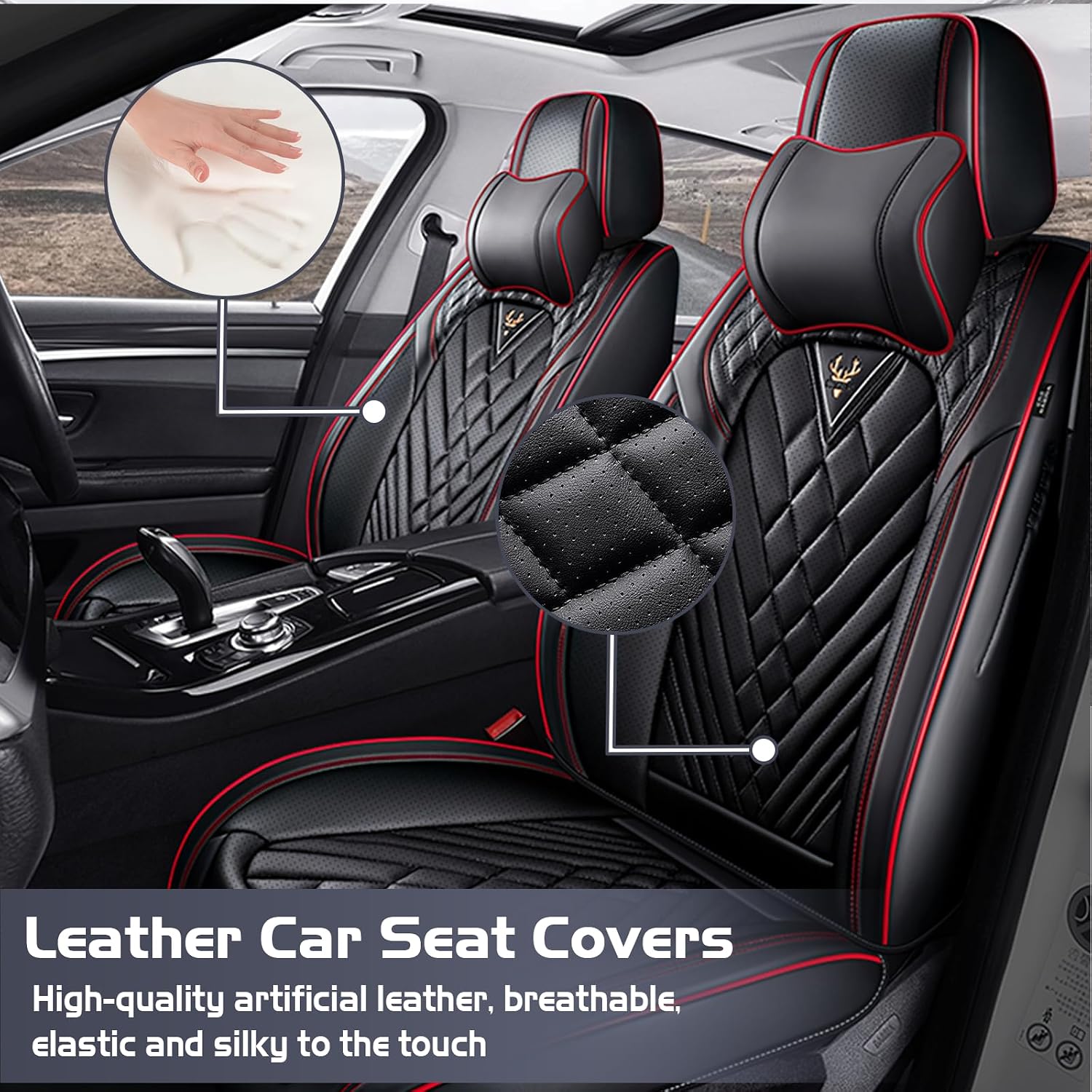 Car Seat Covers for Dodge Dart 2013-2016, Waterproof Nappa Leather Front Seat Cover with Headrests, Anti-Slip and Comfortable Automotive Seat Protector&Accessories(Black Red)