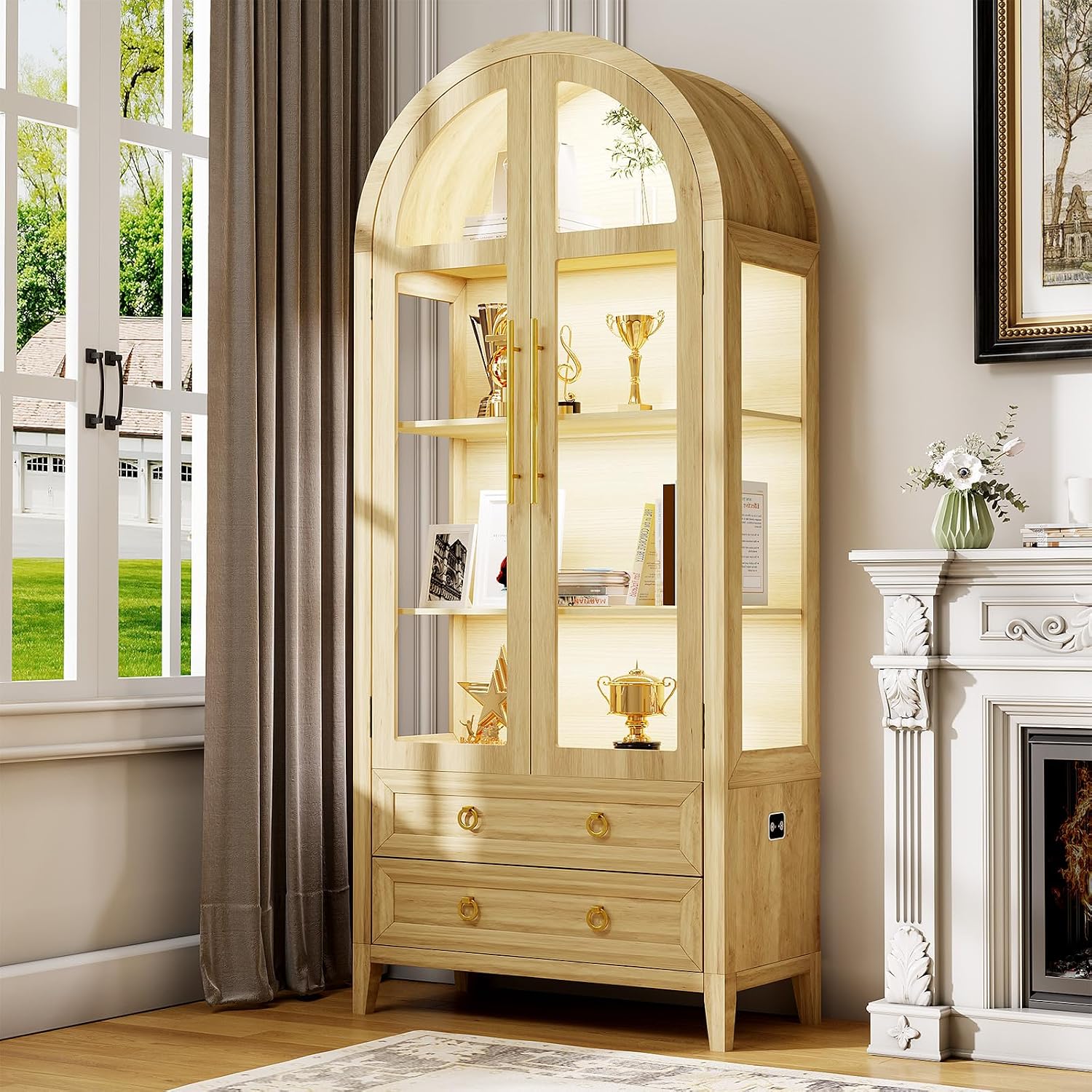 LVSOMT 71' Tall Arched Storage Cabinet with Glass Doors and Drawers, Curio Display Cabinet with Adjustable LED Light & Human Sensor, 4-Tier China Cabinet for Living Room(Wood)