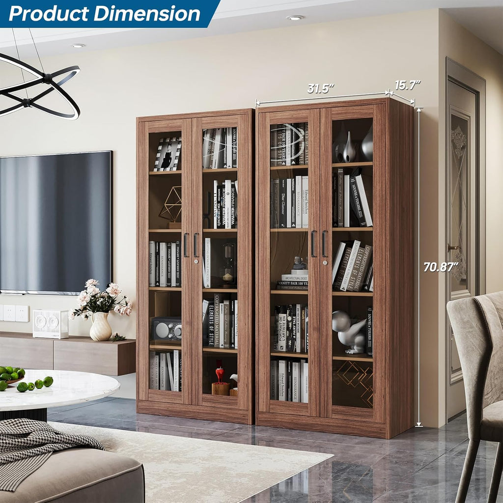 PEUKC Display Cabinet with Glass Doors, 71 Inches Metal Curio Storage Cabinets with 4 Adjustable Shelves, Locking Glass Cabinet Display Case for Home, Office, Clinic, Pantry (Brown)