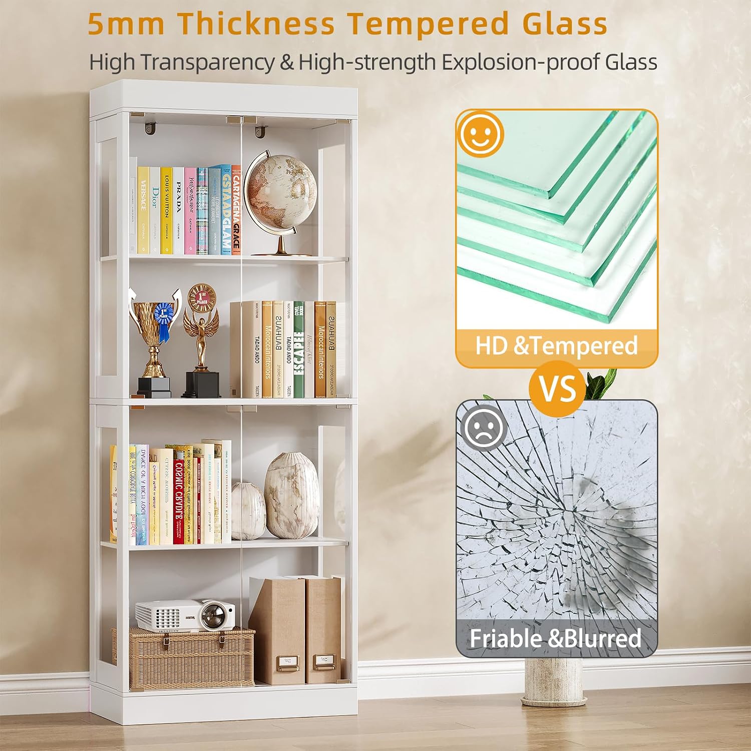 70.1' Display Cabinet with Glass Doors,4-Tier Curio Cabinet for Collectibles, Tempered Glass Display Case with Handleless Design for Living Room, Office, Kitchen，White