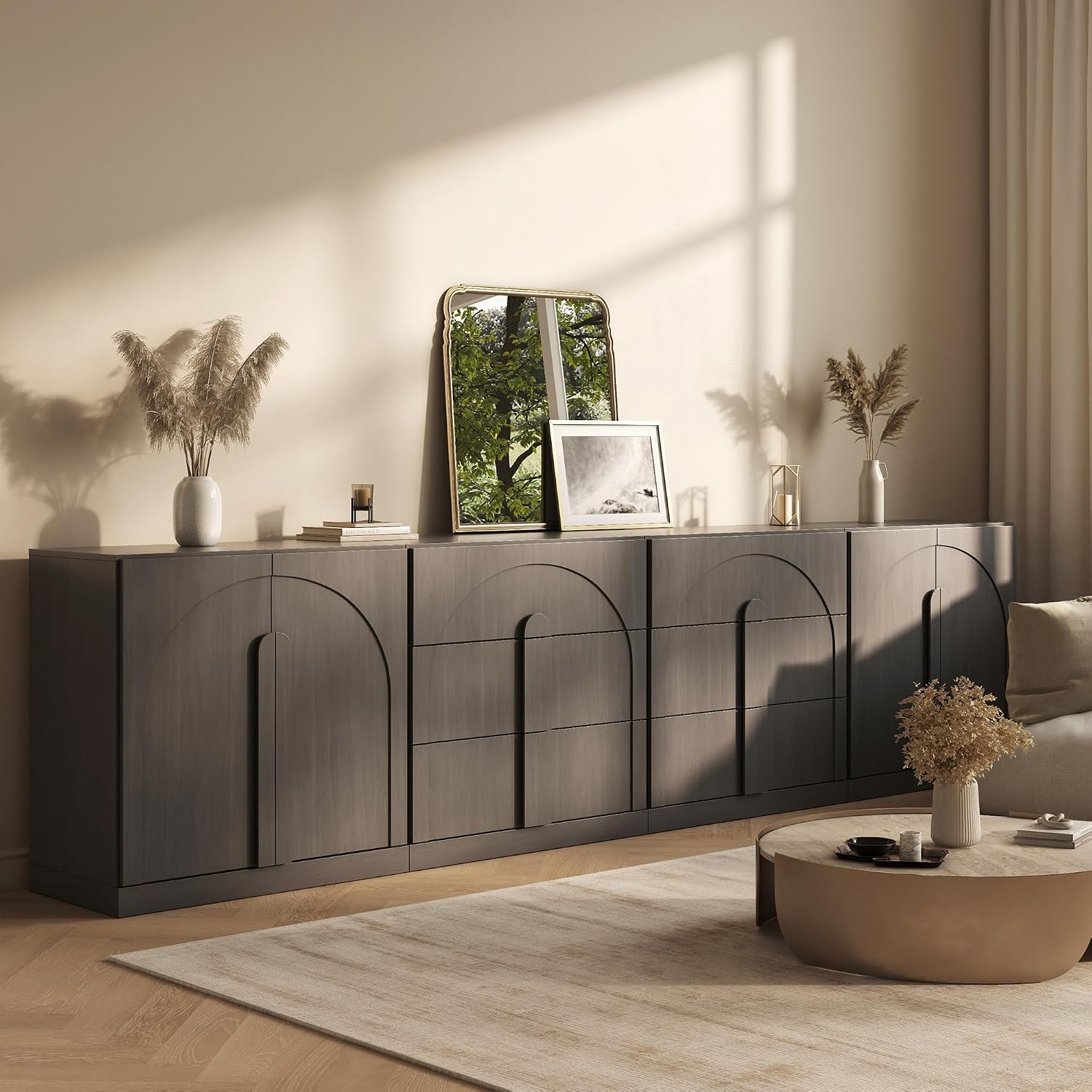 BELLEZE Modular Sideboard Cabinet Set Freely Configurable, 4-Piece Modern Buffet Cabinet 2 Arched Wood Door Credenza and 2 3-Drawer Storage, Media Console for Living Room Kitchen, Ebony
