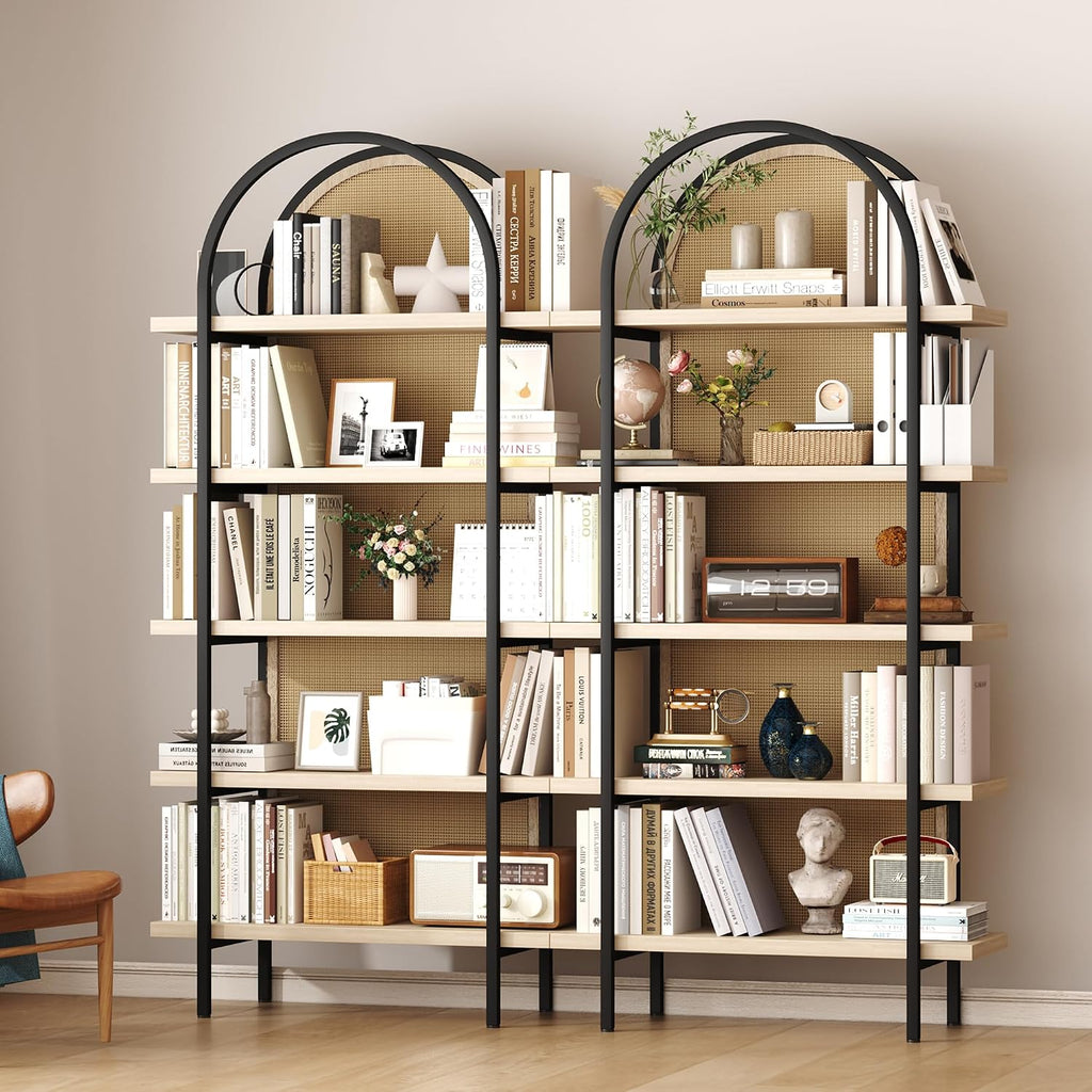 Yusong Bookshelf Rattan 5 Tier Arched Bookcase, 74' Tall Industrial Open Book Shelves for Living Room, Modern Freestanding Display Shelving Boho Storage Rack with Metal Frame for Office, Brown